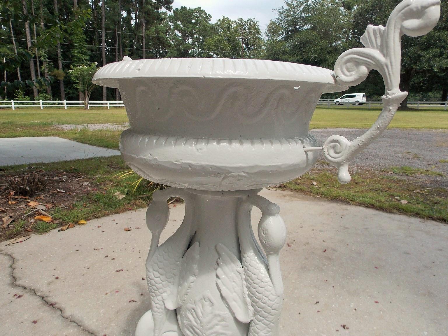 American Cast Iron Campana Swan & Foliage Garden Urn on Circular Plinth. C 1850 In Excellent Condition In Charleston, SC