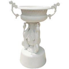 American Cast Iron Campana Swan & Foliage Garden Urn on Circular Plinth. C 1850