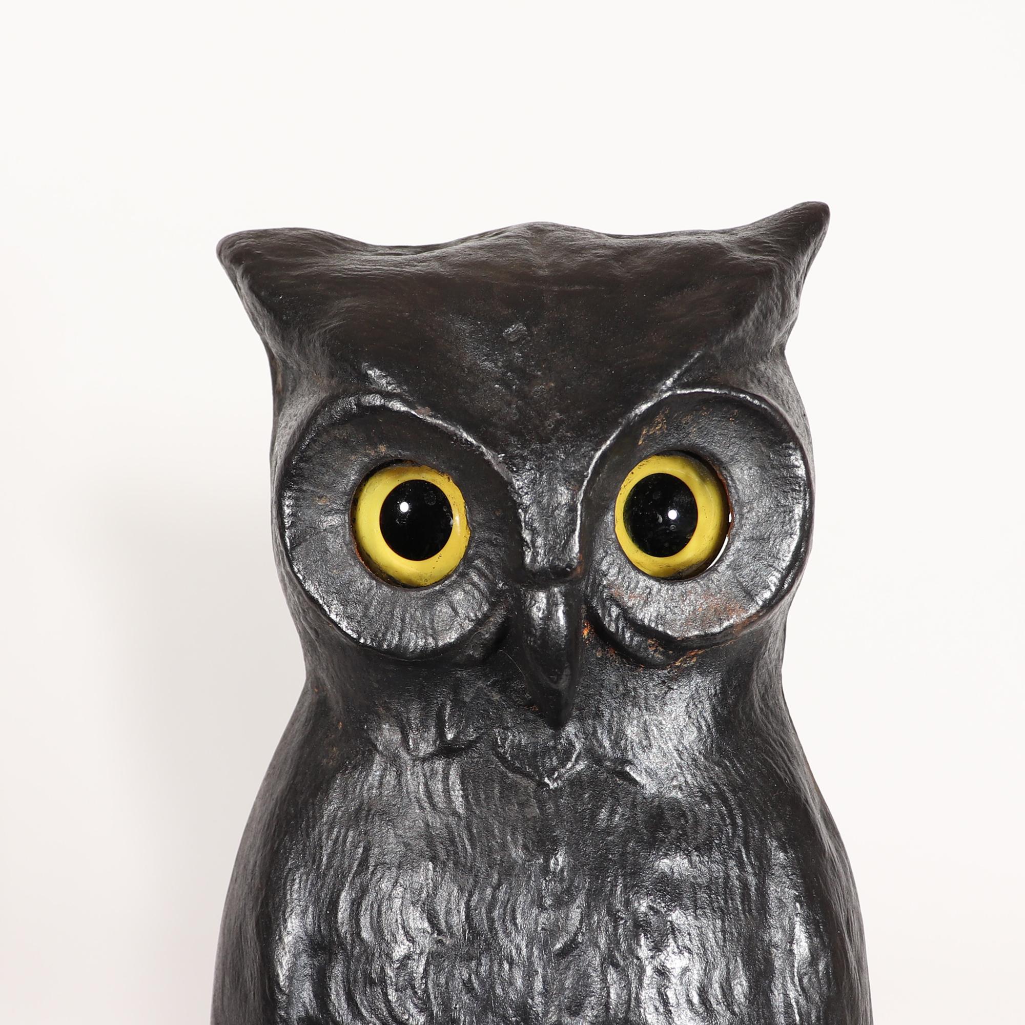 American Cast Iron Owl Andirons with Yellow Glass Eyes 2