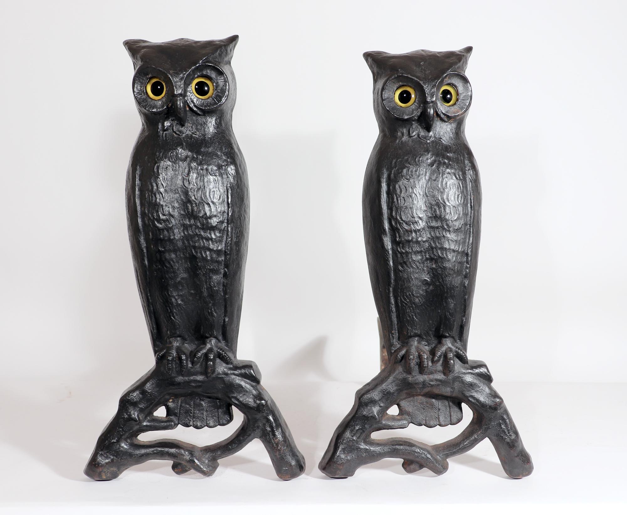 American Cast Iron Owl Andirons with Yellow Glass Eyes 3