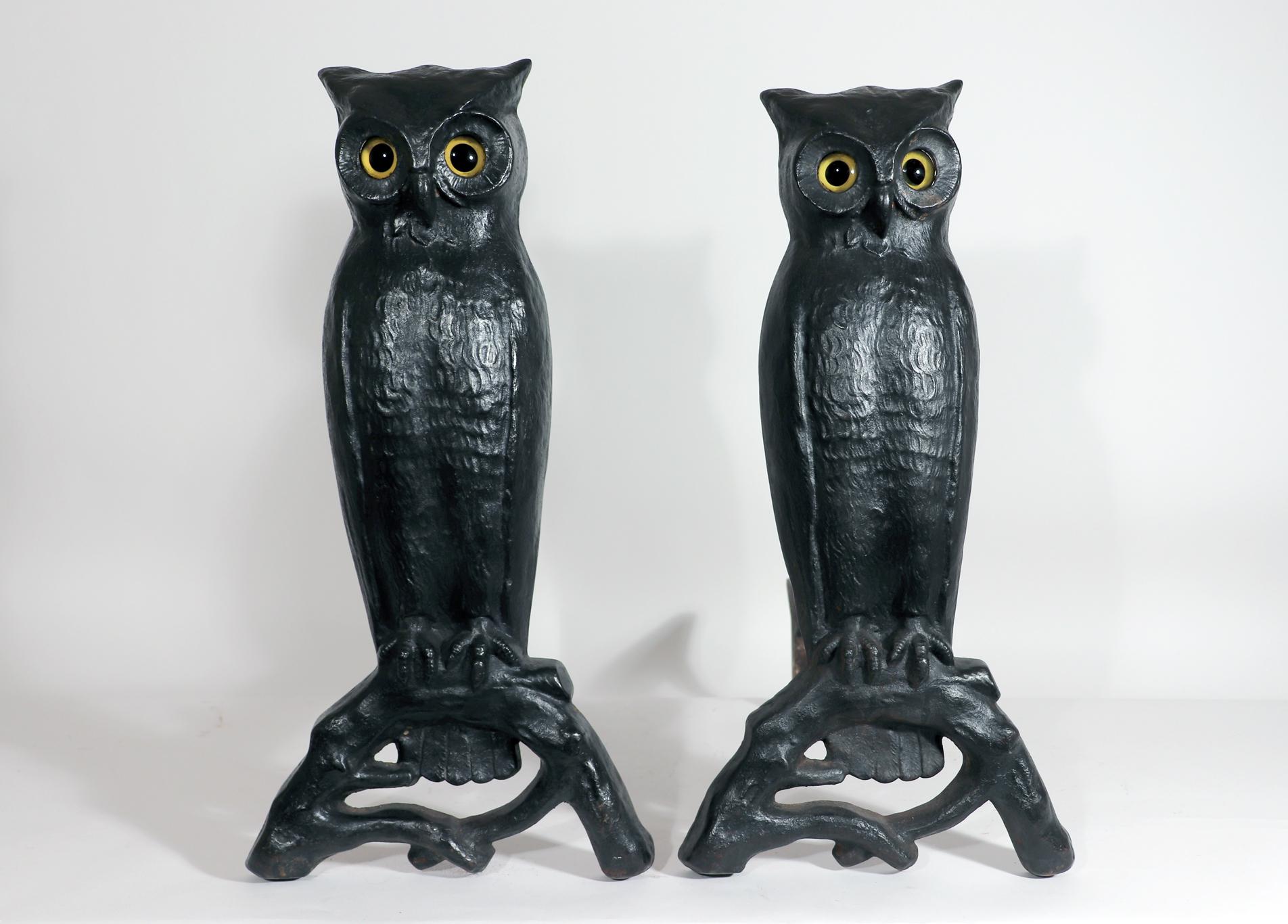 American Cast Iron Owl Andirons with Yellow Glass Eyes 4