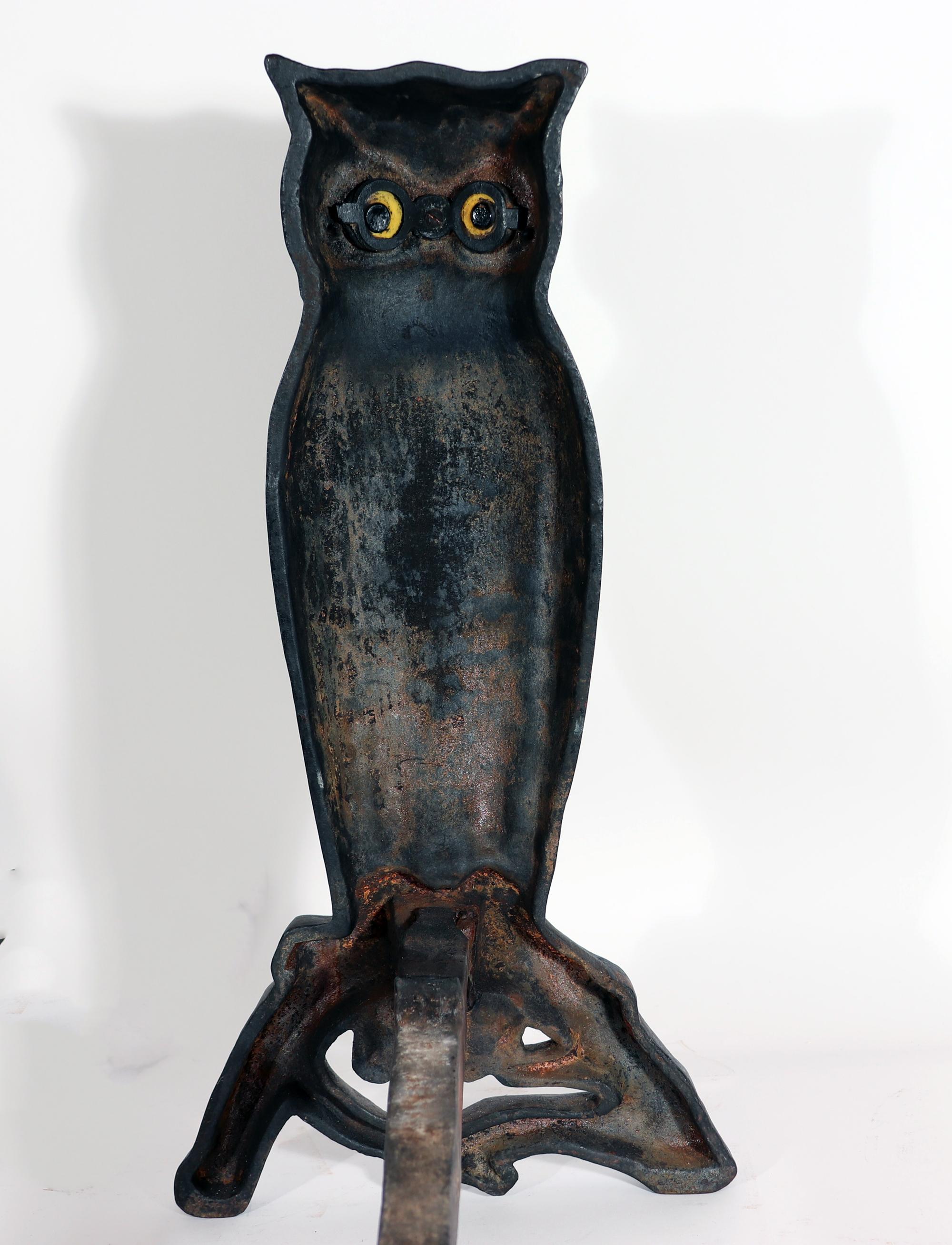 owl andirons glass eyes