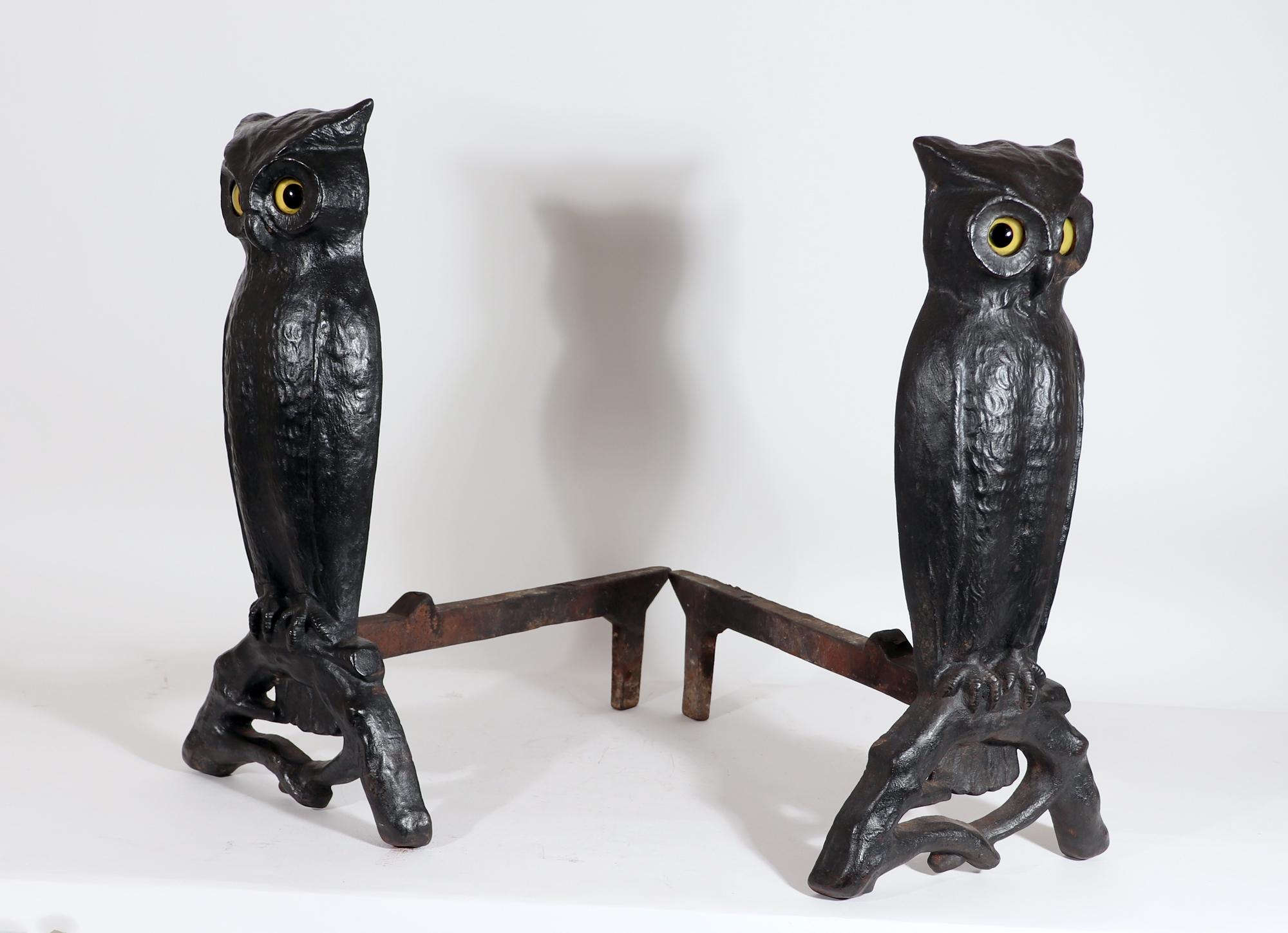 American Craftsman American Cast Iron Owl Andirons with Yellow Glass Eyes