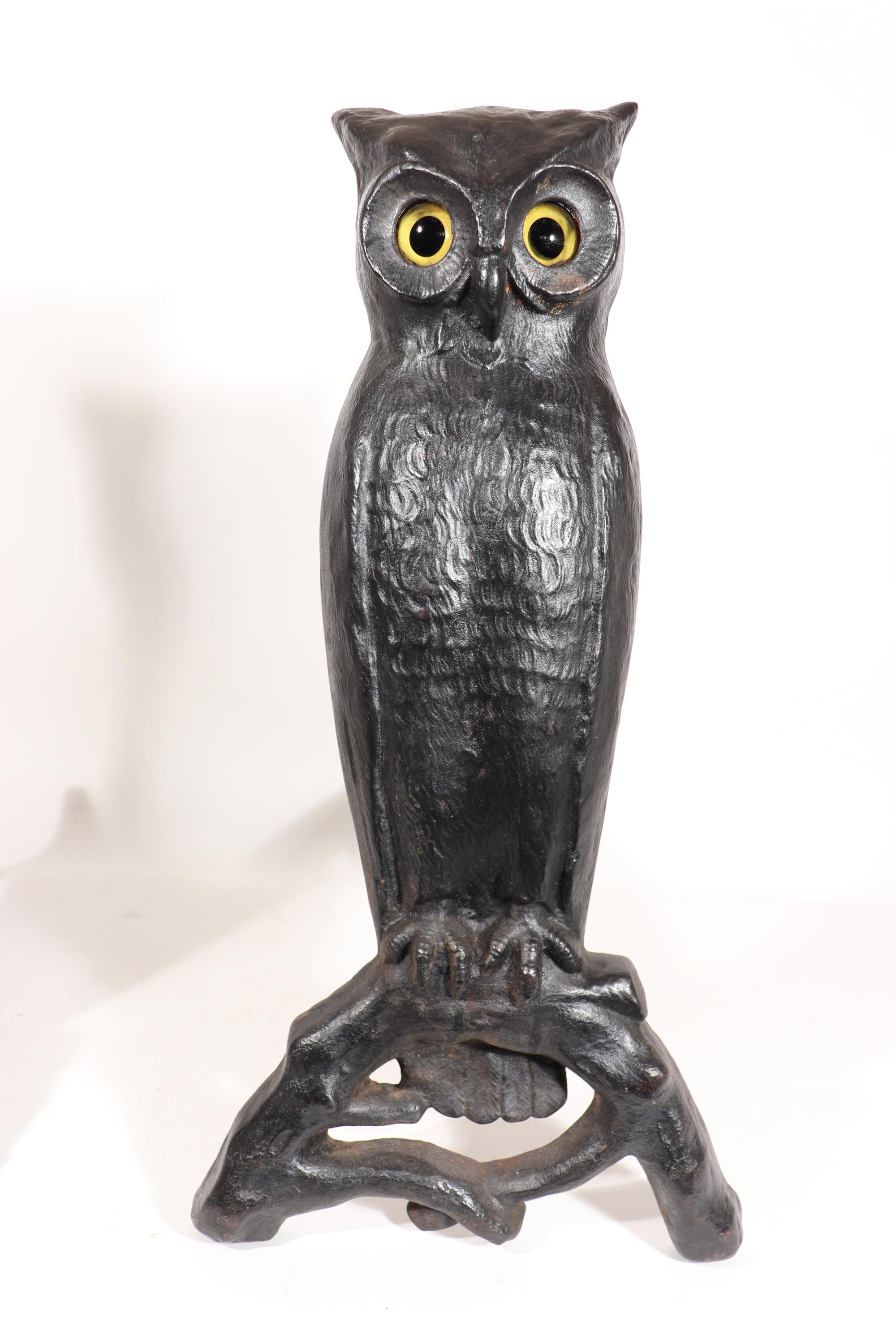 American Cast Iron Owl Andirons with Yellow Glass Eyes In Good Condition In Downingtown, PA