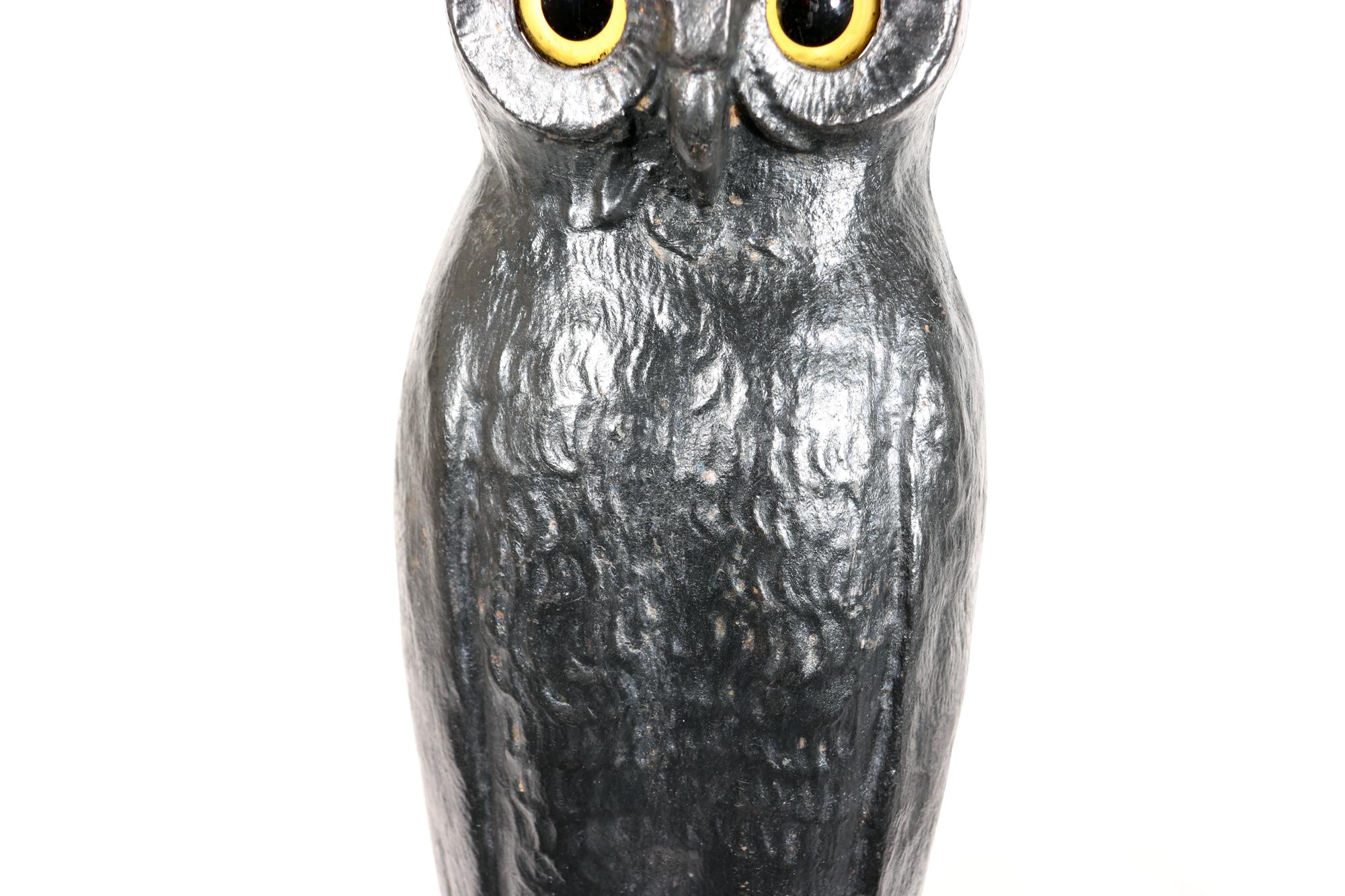 20th Century American Cast Iron Owl Andirons with Yellow Glass Eyes