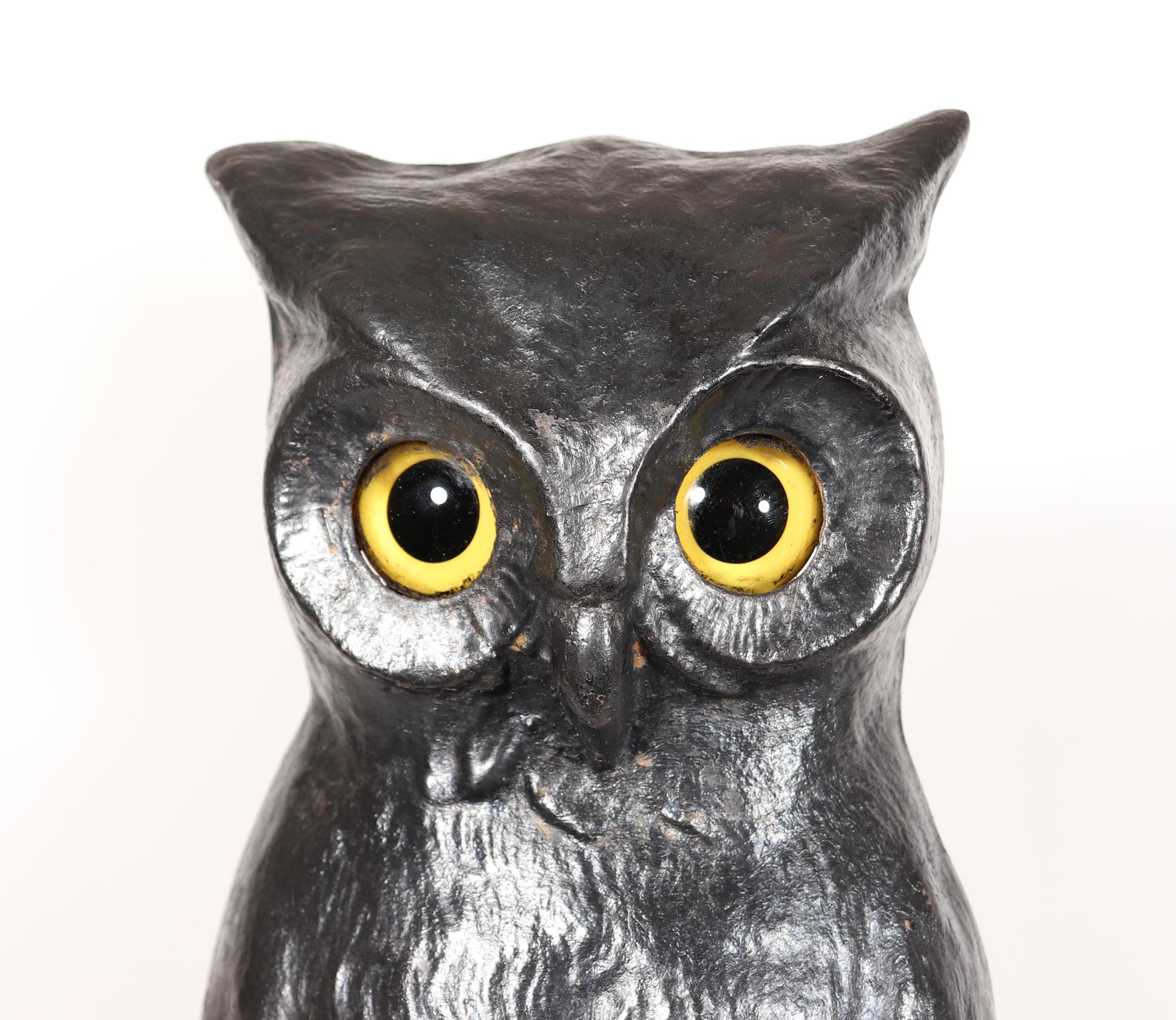 American Cast Iron Owl Andirons with Yellow Glass Eyes 1