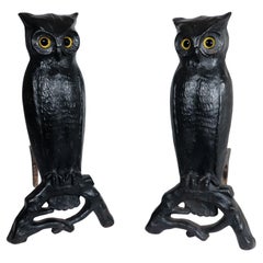 Antique American Cast Iron Owl Andirons with Yellow Glass Eyes