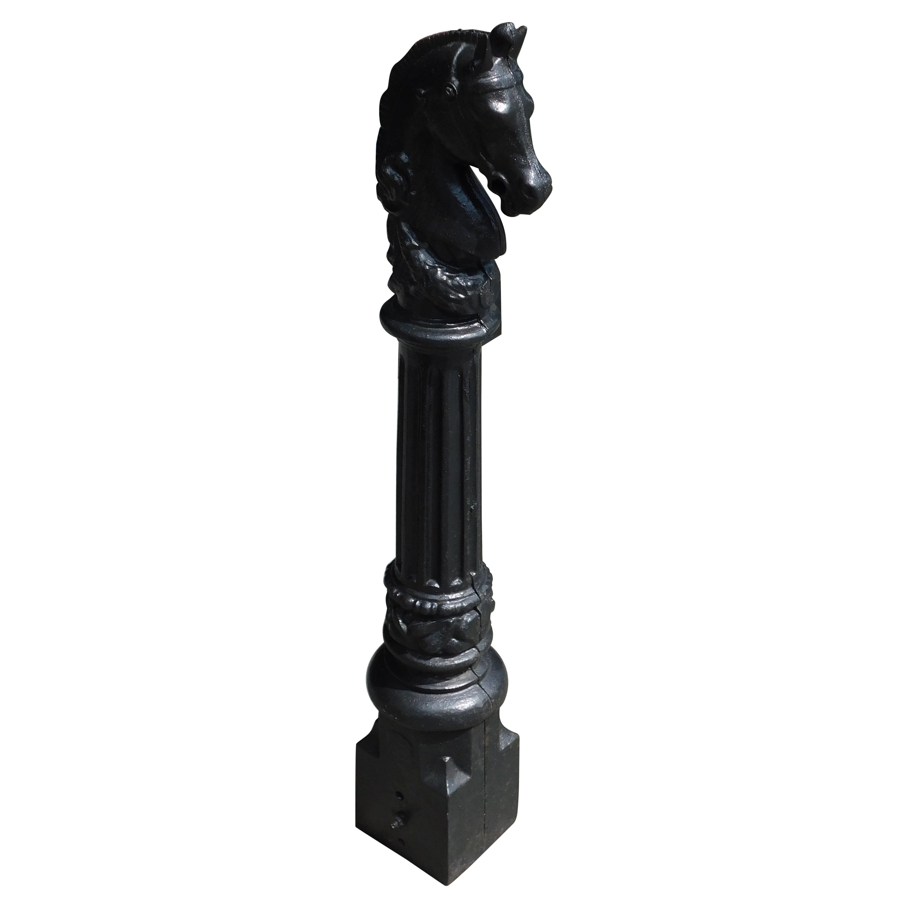 American Cast Iron & Painted Horse Head Fluted Ringed Hitching Post, Circa 1850