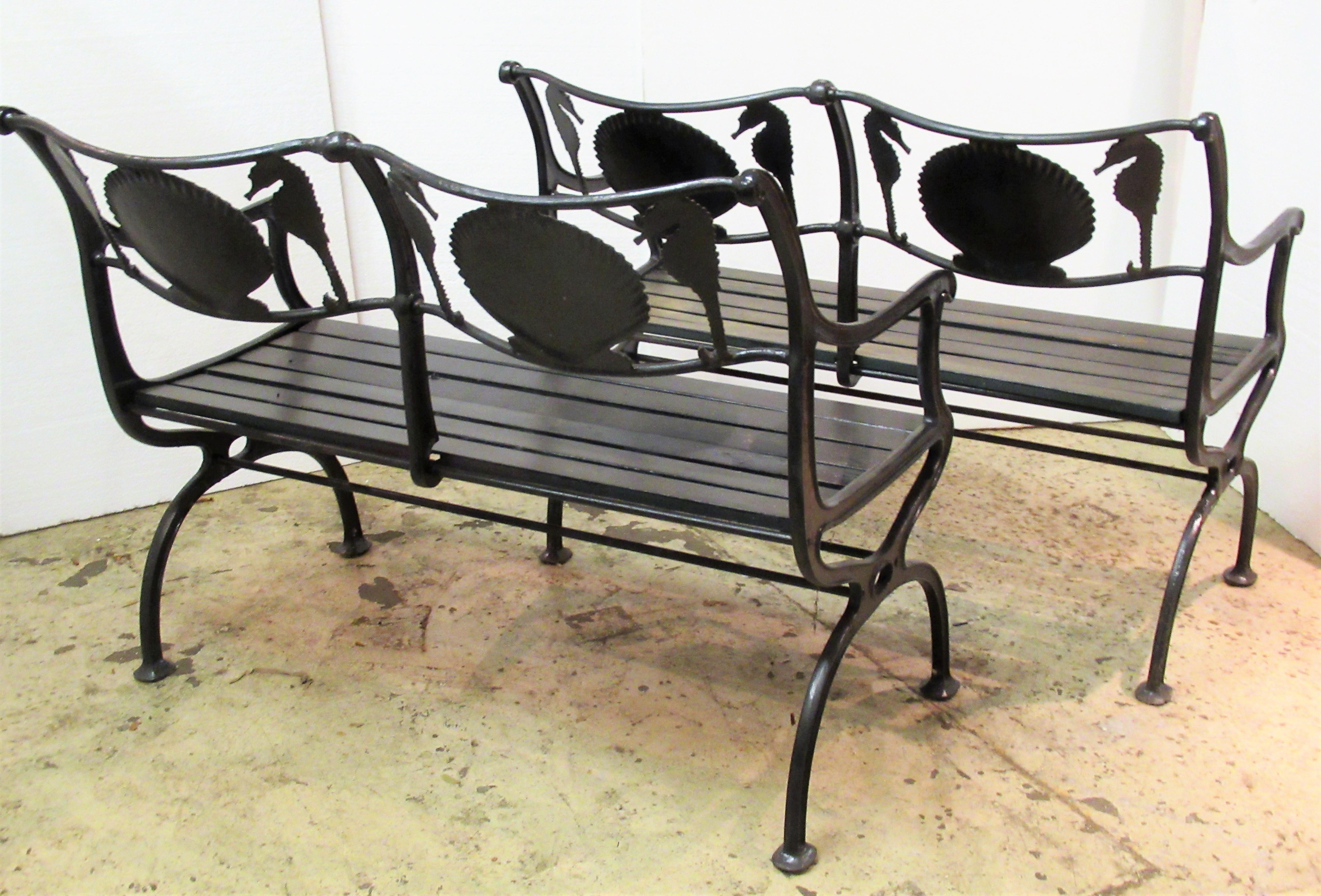 American Cast Iron Sea Horse and Scallop Shell Design Garden Benches 8