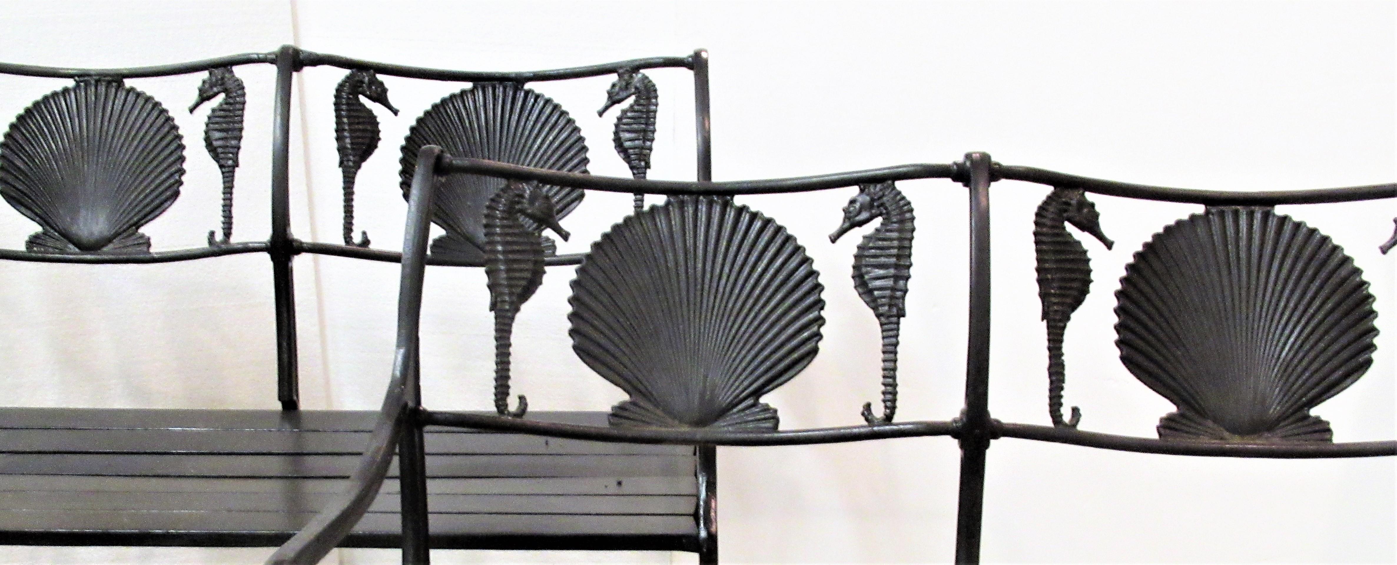 Art Deco American Cast Iron Sea Horse and Scallop Shell Design Garden Benches