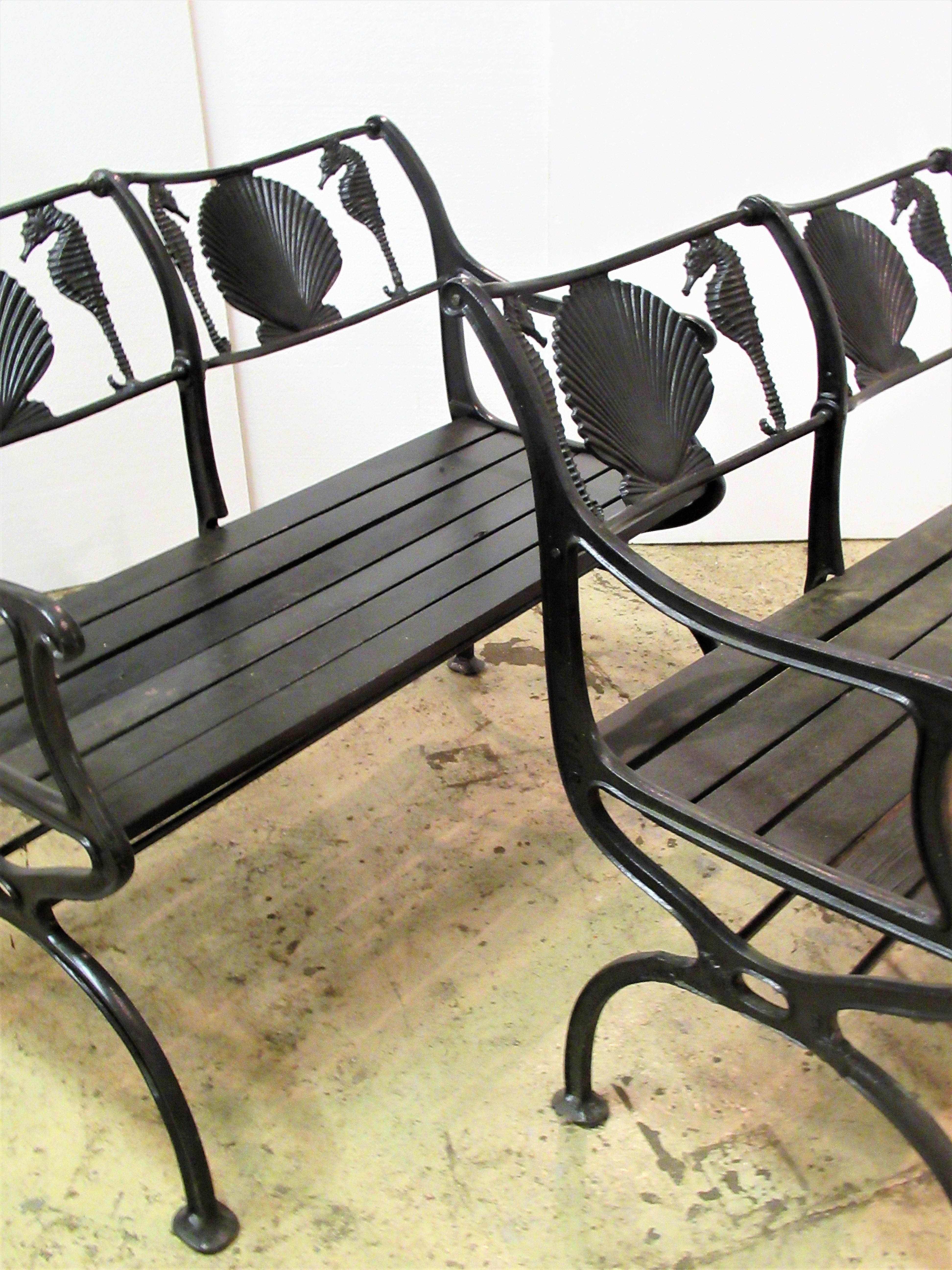 Wood American Cast Iron Sea Horse and Scallop Shell Design Garden Benches