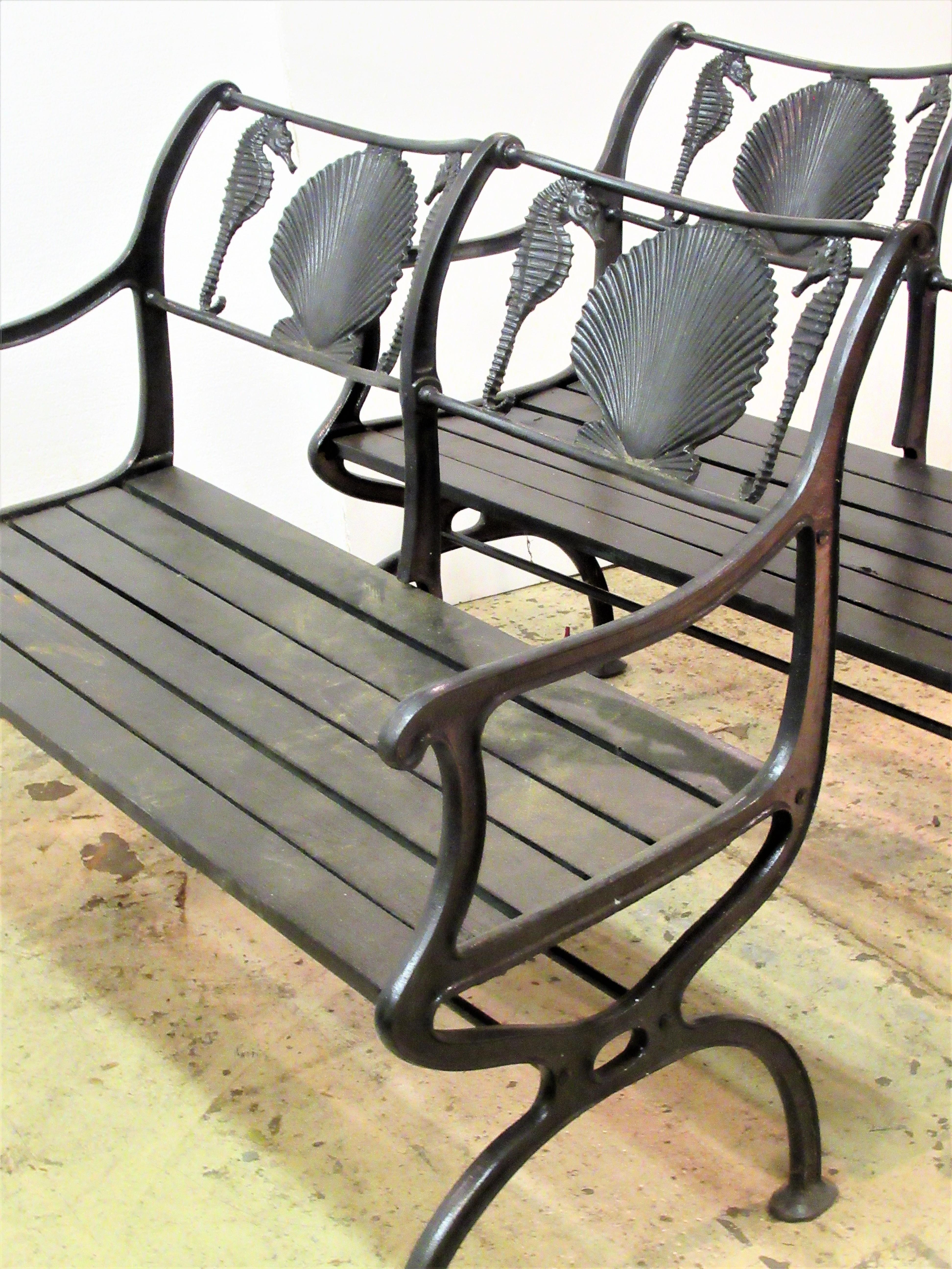 American Cast Iron Sea Horse and Scallop Shell Design Garden Benches 1