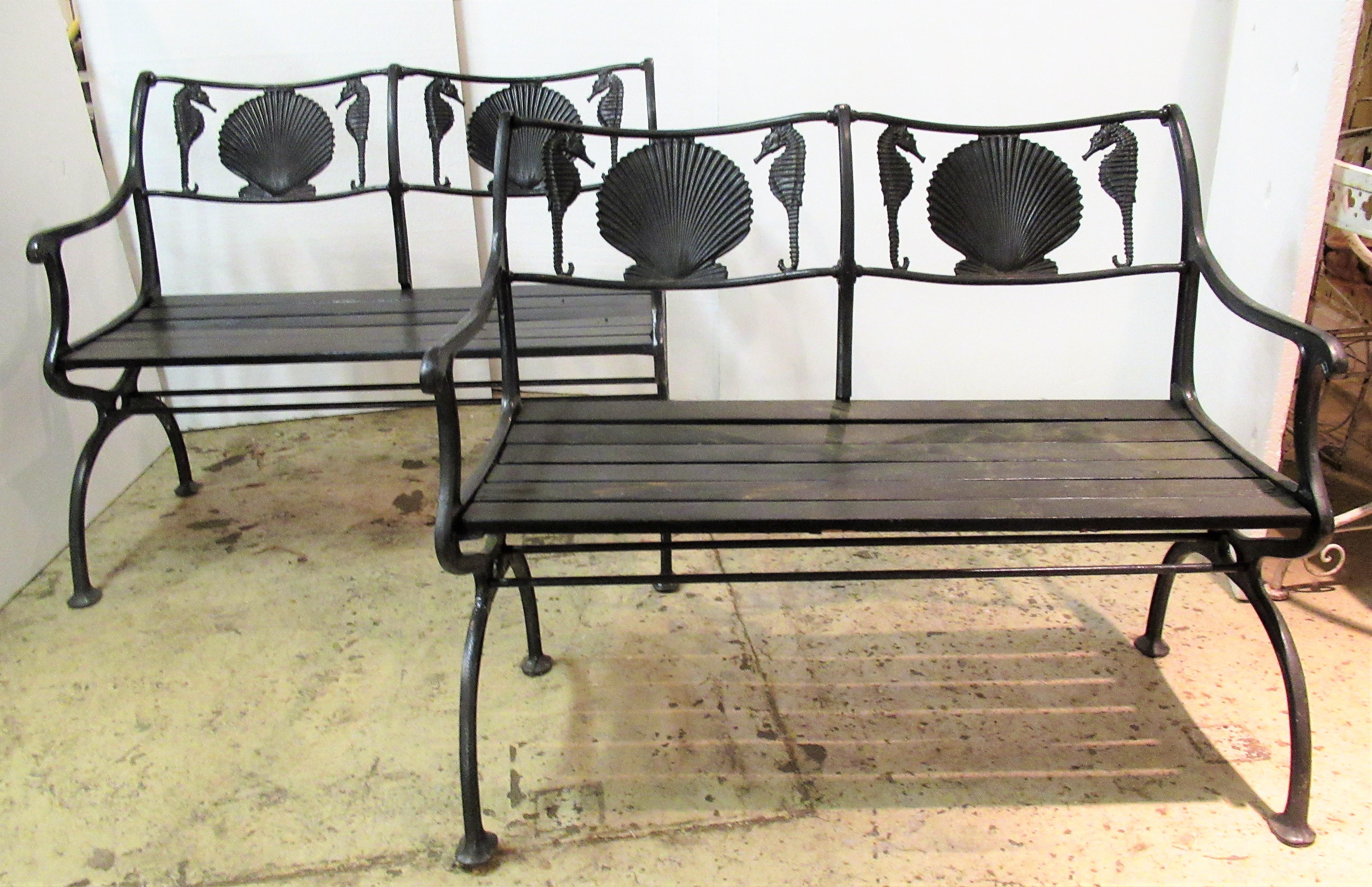 American Cast Iron Sea Horse and Scallop Shell Design Garden Benches
