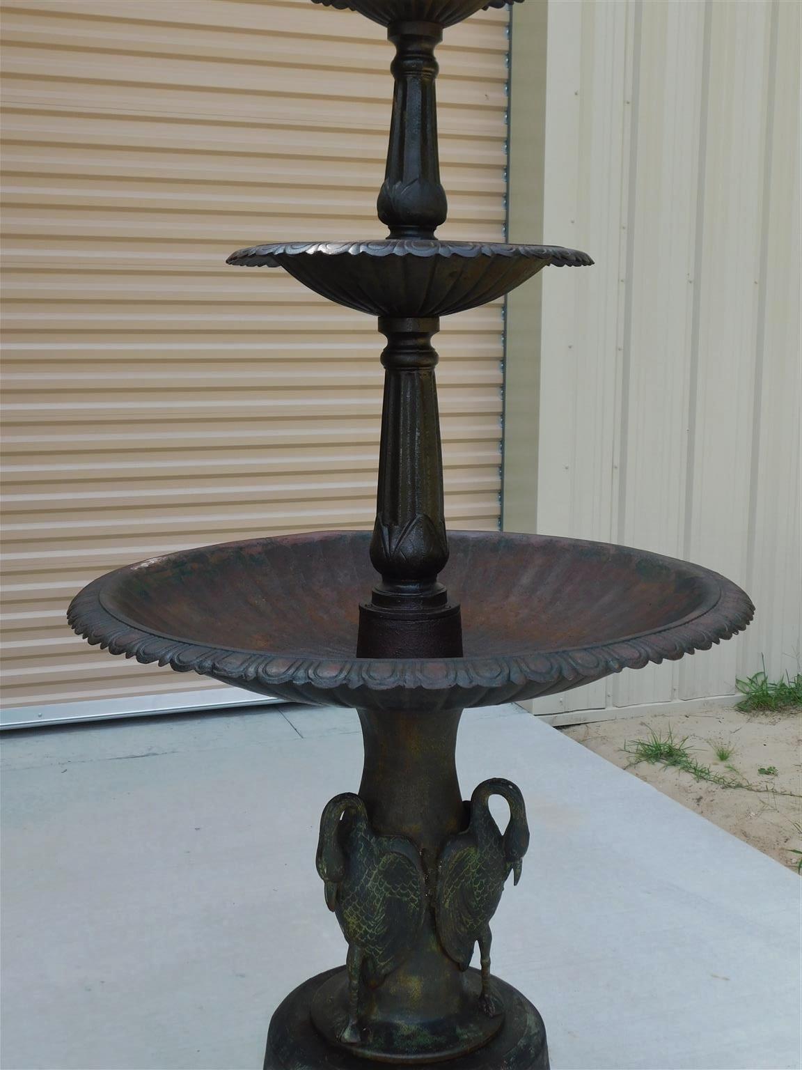 American Cast Iron Three Tiered Fountain w/ Flanking Swans, Fiske / Mott C. 1860 For Sale 4