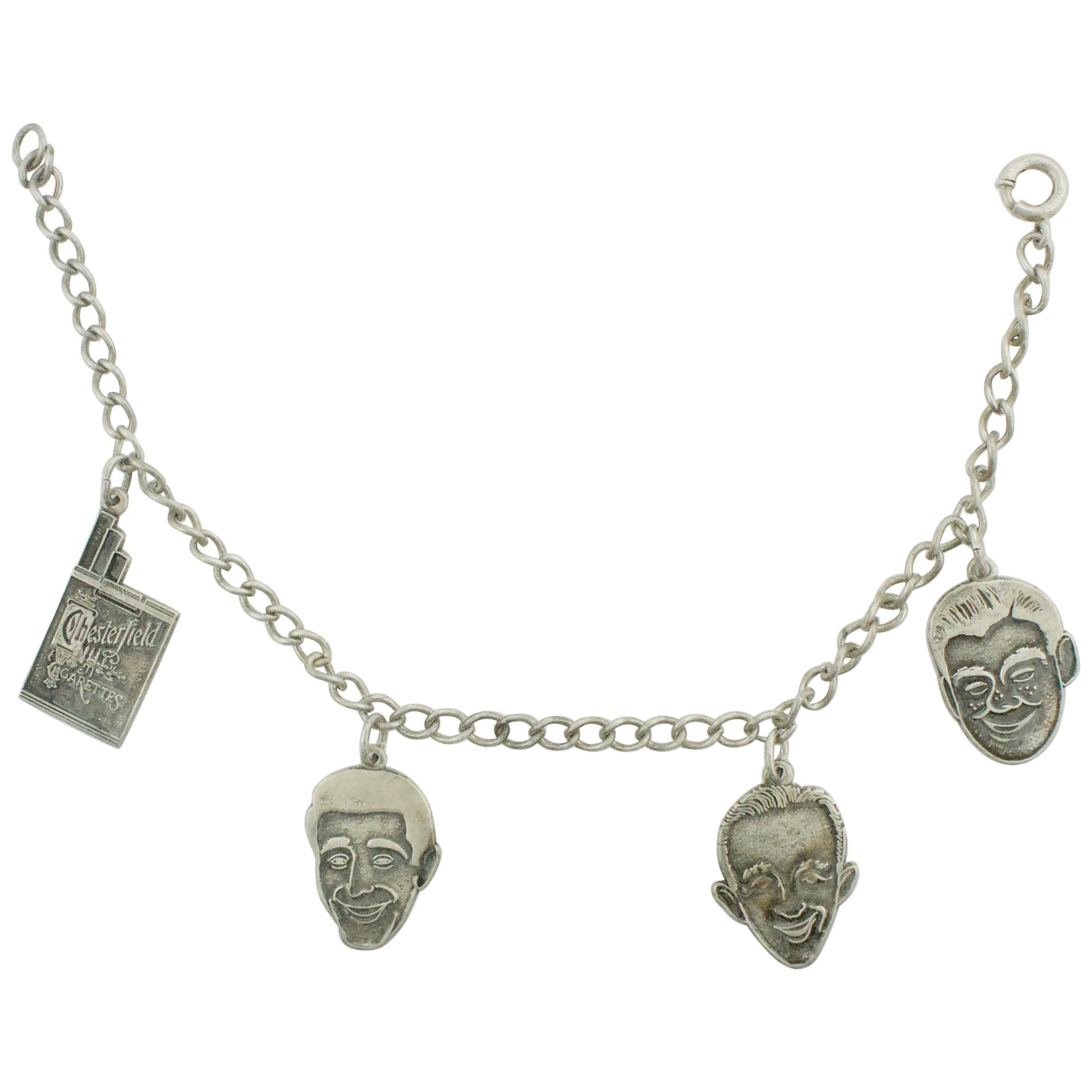 American Celebrity Charm Bracelet in Sterling Silver Circa 1950 For Sale