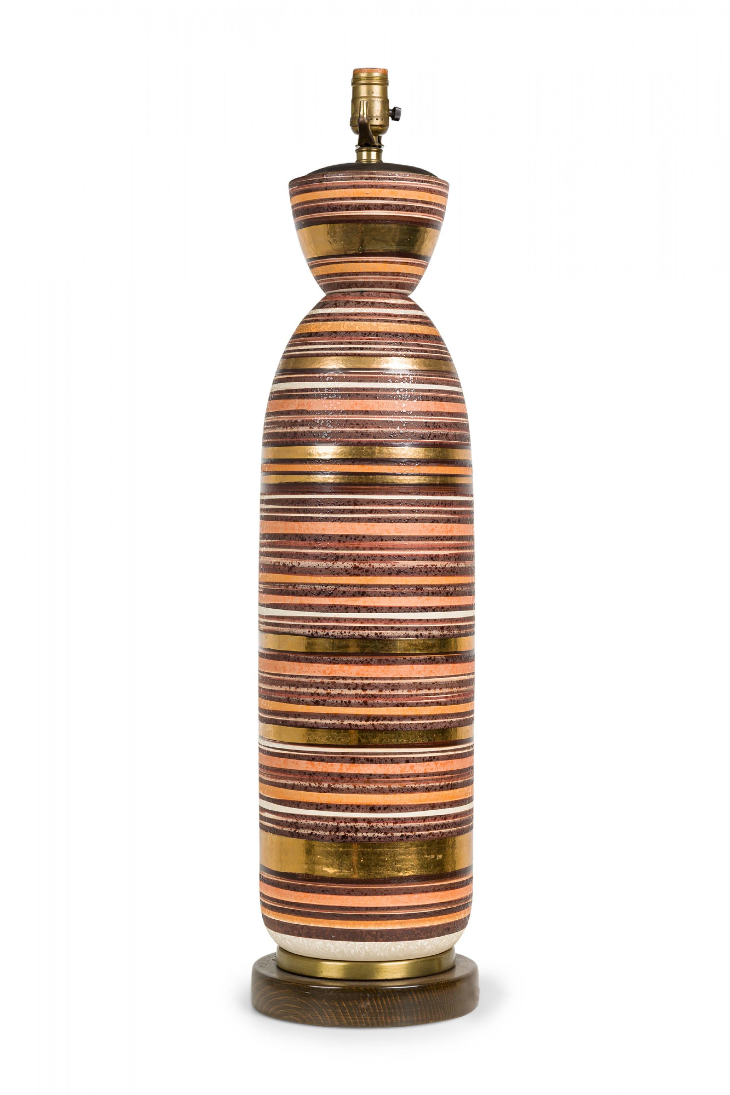 American Ceramic Tall Bullet Striped Lustre Glazed Brown Toned Table Lamp In Good Condition For Sale In New York, NY