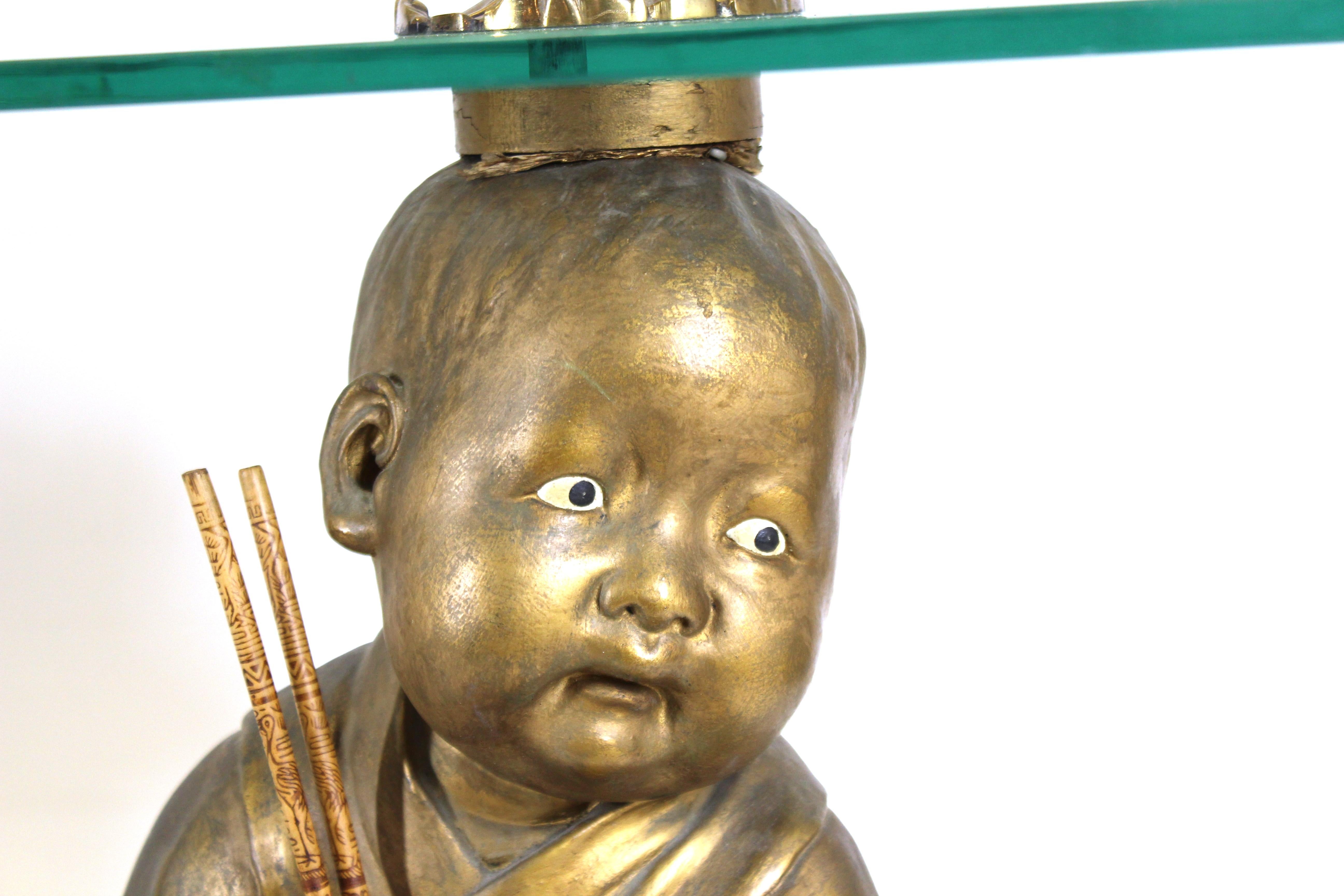 American Chalkware Seated Asian Infant Figure Side Table In Good Condition In New York, NY