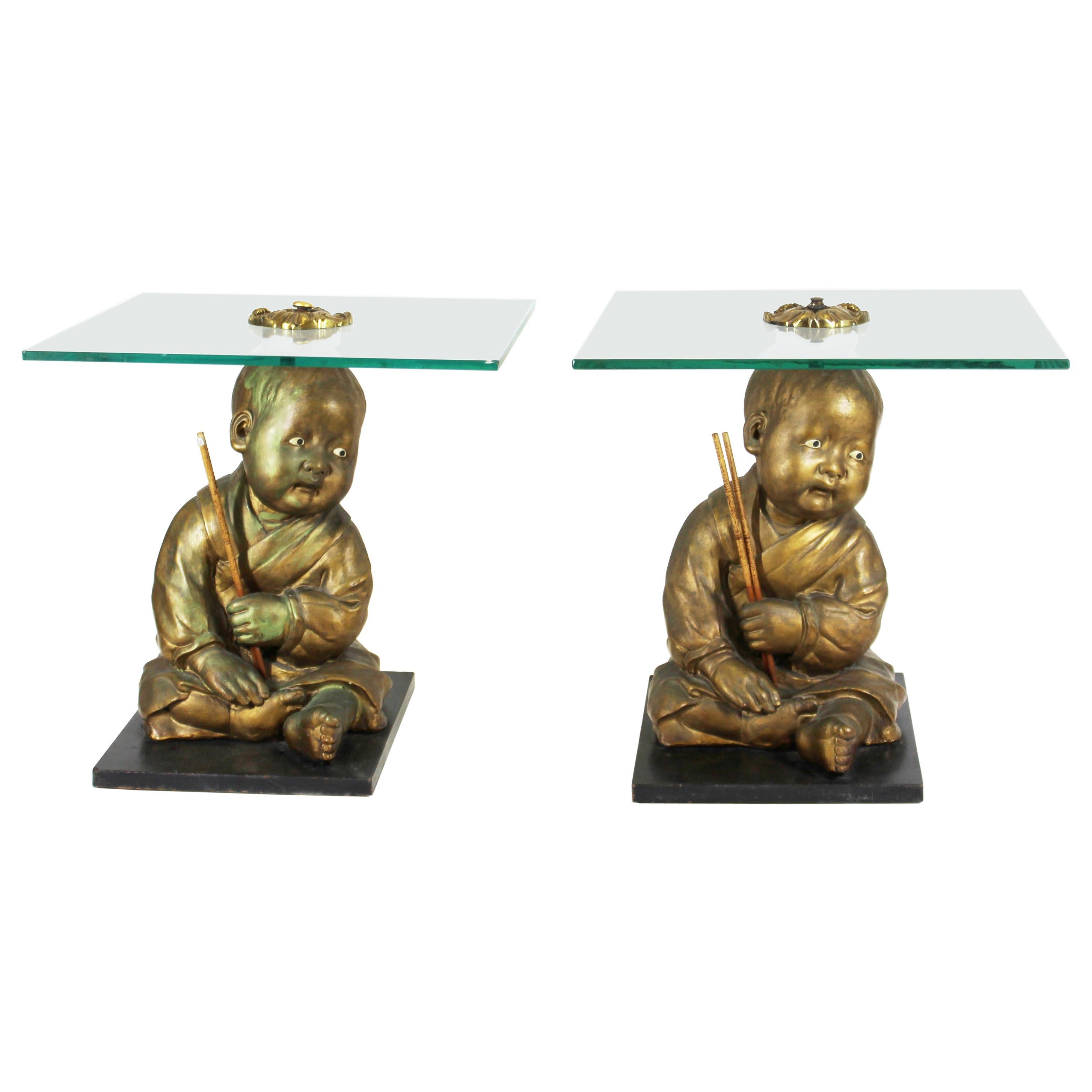 American Chalkware Seated Asian Infant Figure Side Table
