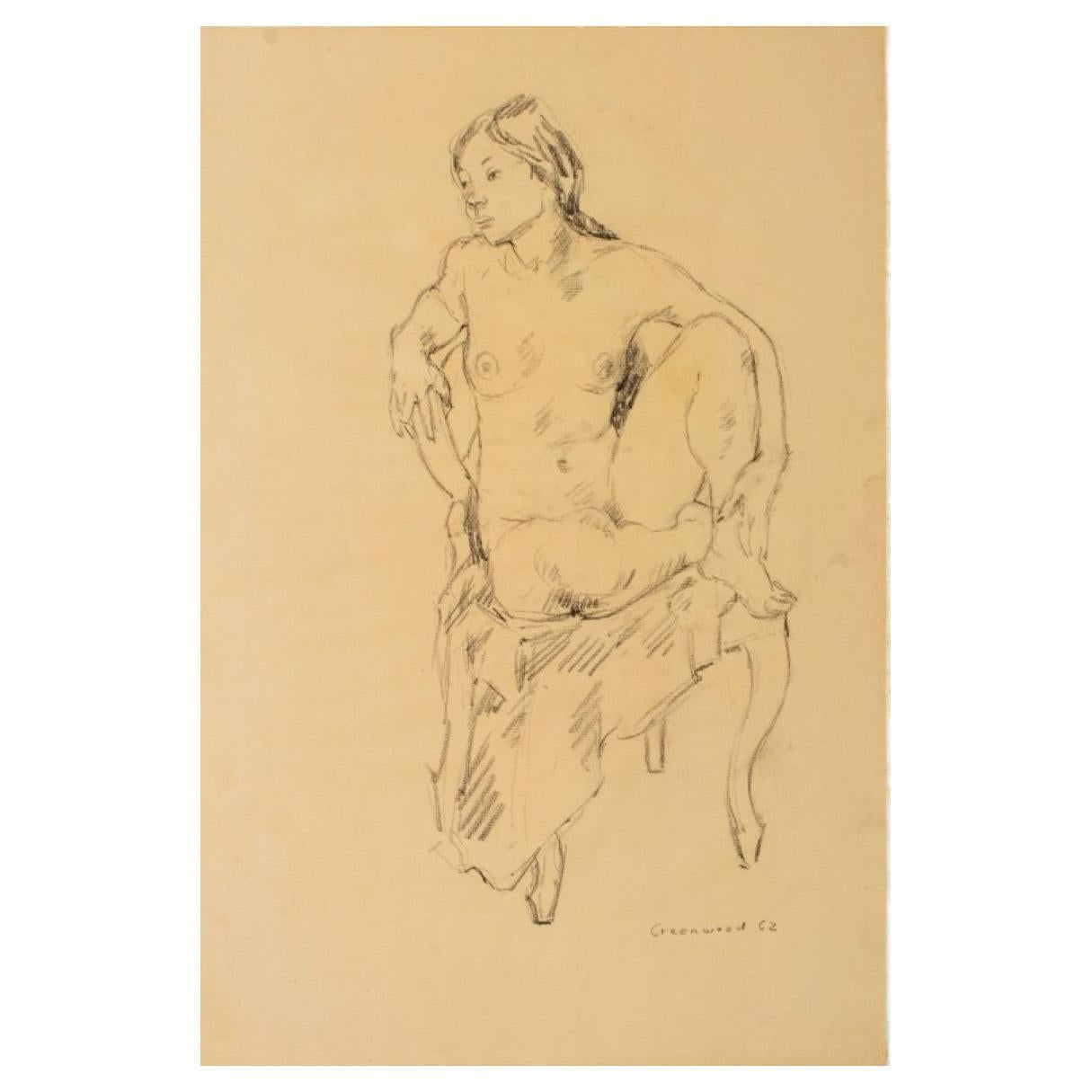 American Charcoal on Paper of Seated Nude Woman