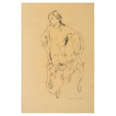 Vintage American Charcoal on Paper of Seated Nude Woman