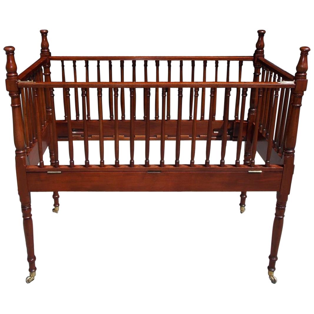 American Charleston Mahogany Child's Crib with Bulbous Spindles on Casters, 1800