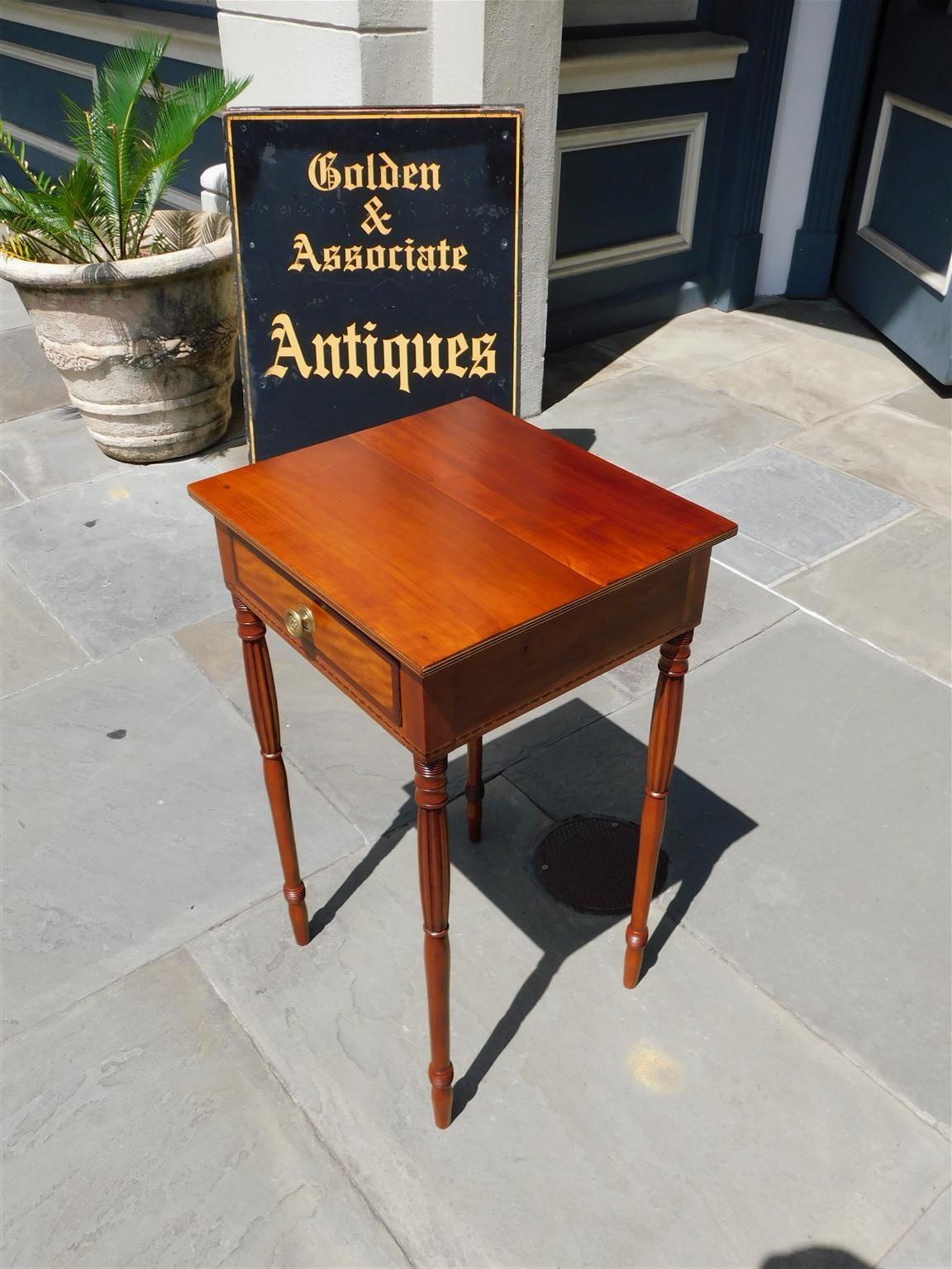 Federal American Cherry and Mahogany One Drawer Inlaid Stand with Reeded Legs, C. 1810