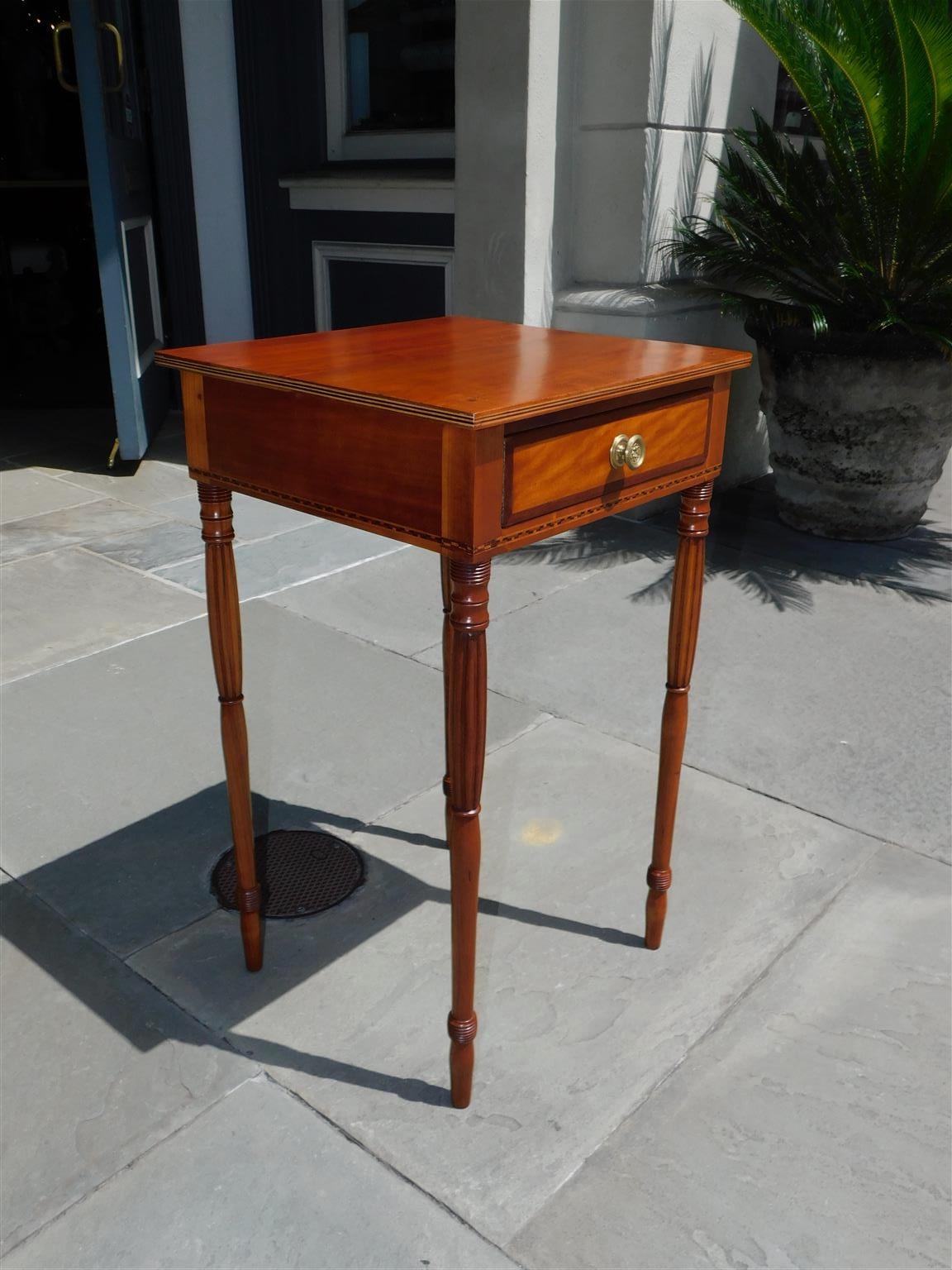 Hand-Carved American Cherry and Mahogany One Drawer Inlaid Stand with Reeded Legs, C. 1810