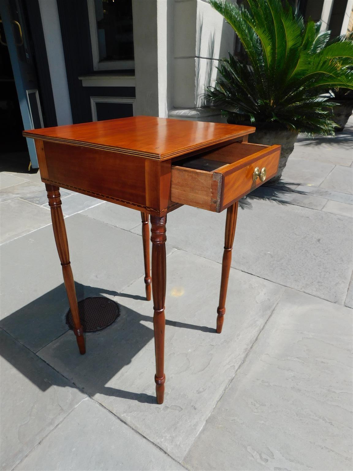 Early 19th Century American Cherry and Mahogany One Drawer Inlaid Stand with Reeded Legs, C. 1810