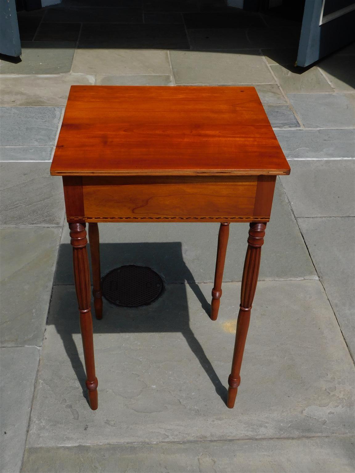 American Cherry and Mahogany One Drawer Inlaid Stand with Reeded Legs, C. 1810 2