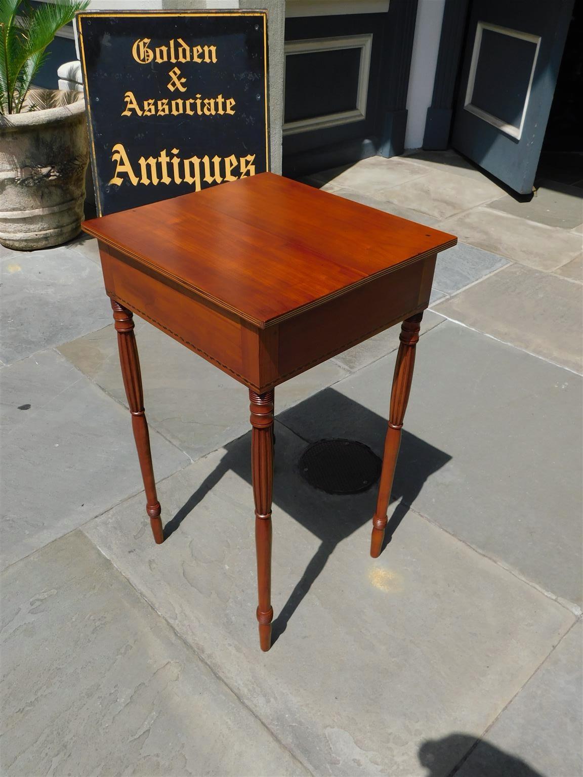 American Cherry and Mahogany One Drawer Inlaid Stand with Reeded Legs, C. 1810 3