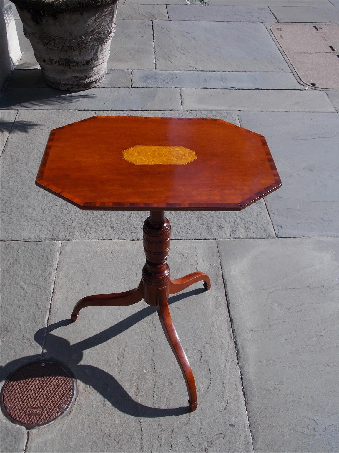 American Colonial American Cherry Tilt-Top Octagon Candlestand with Bird's-Eye Maple Inlay C. 1800