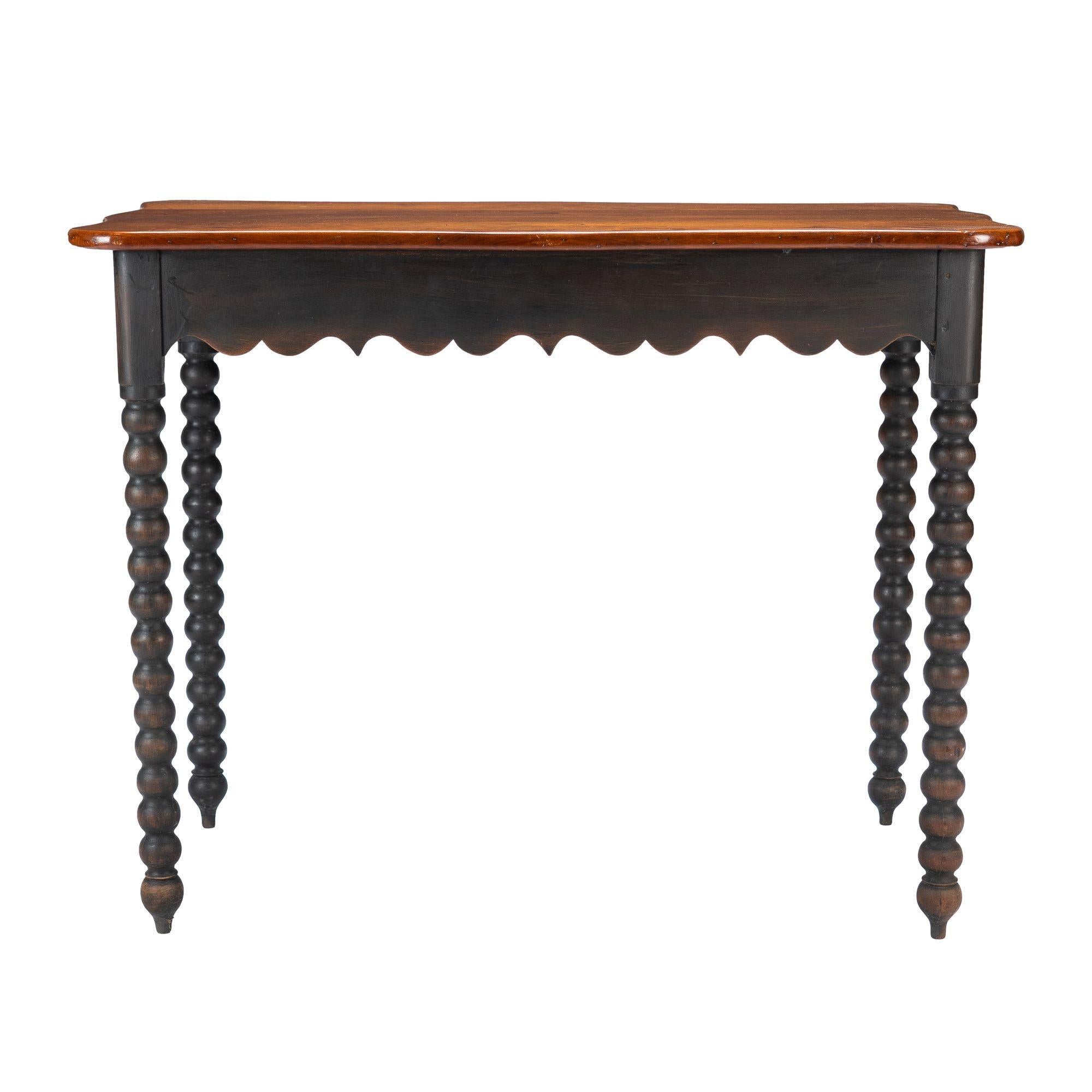 American cherry wood work table with scalloped apron and spool turned legs, 1835 4