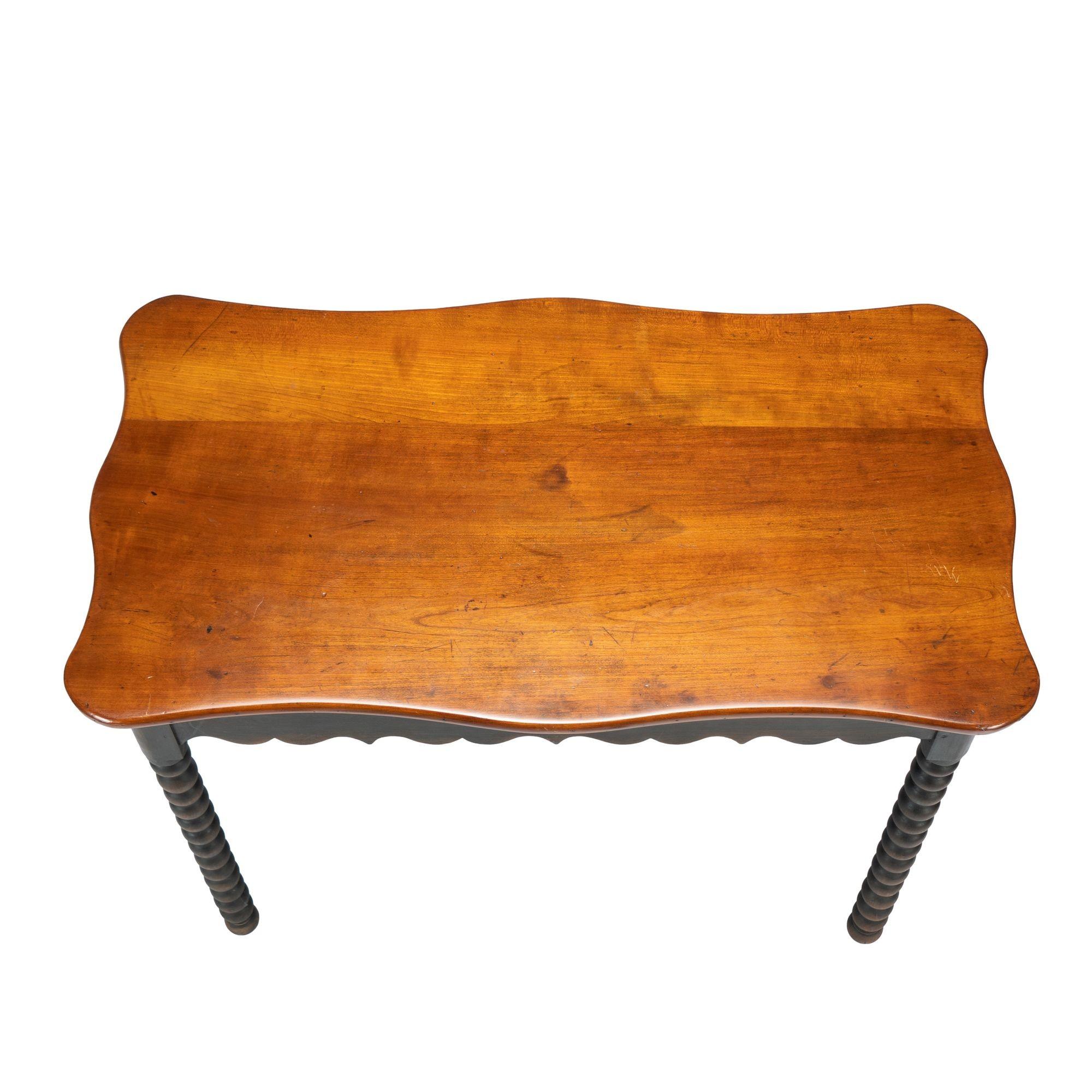 American cherry wood work table with scalloped apron and spool turned legs, 1835 5