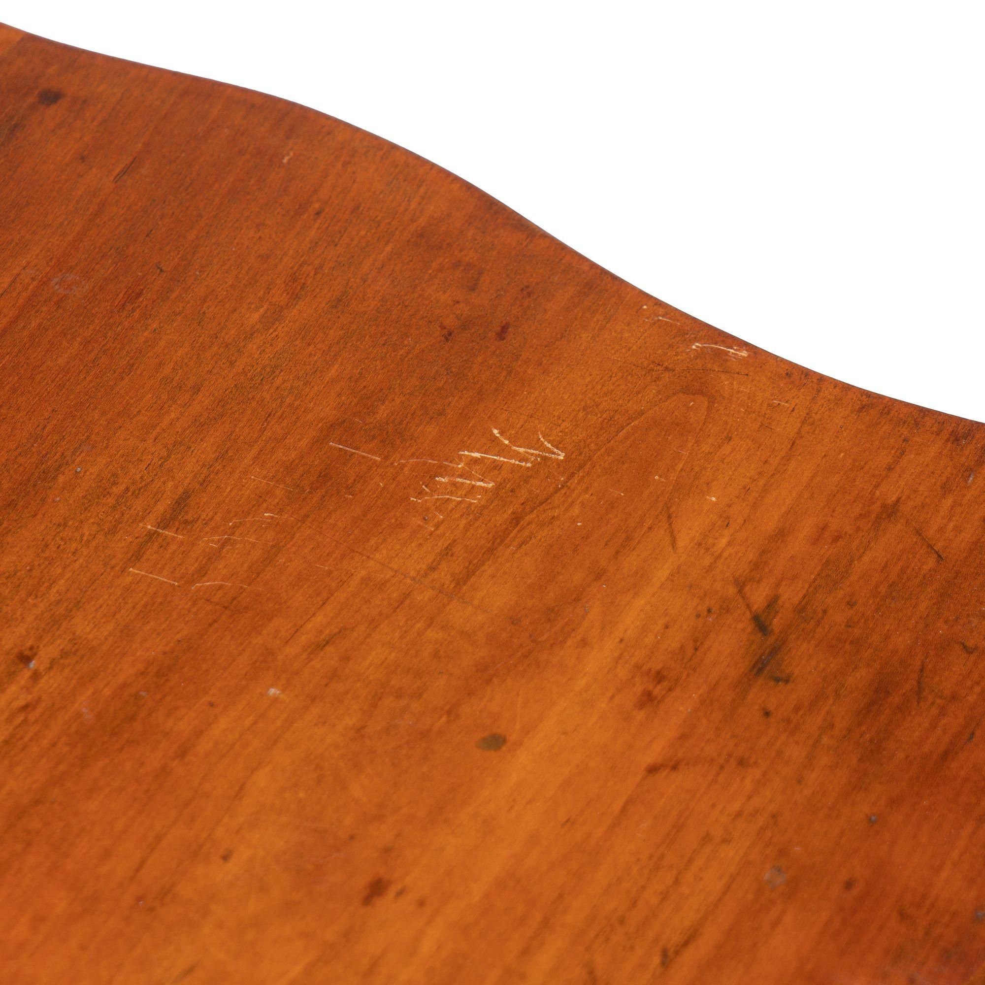 American cherry wood work table with scalloped apron and spool turned legs, 1835 6