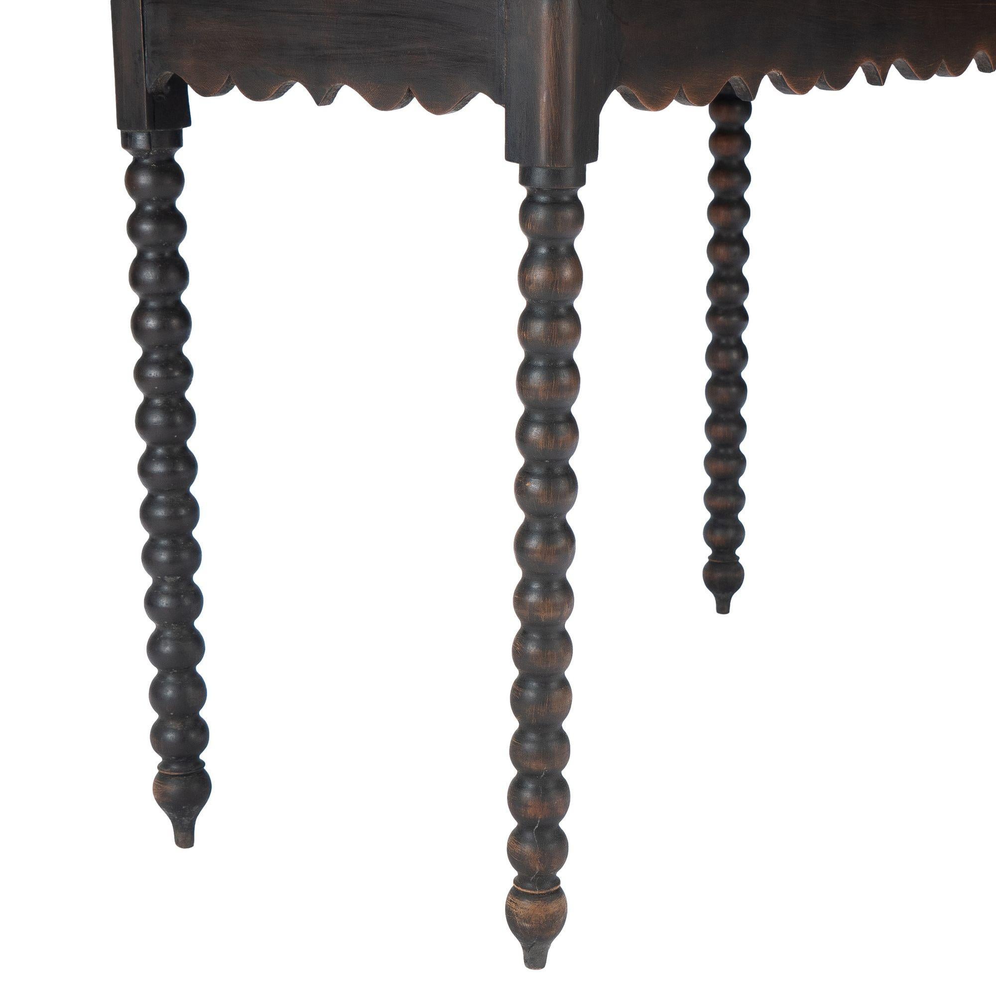American cherry wood work table with scalloped apron and spool turned legs, 1835 7
