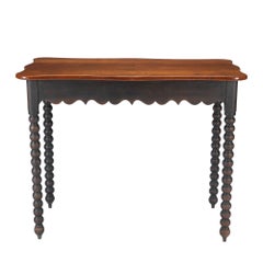 American cherry wood work table with scalloped apron and spool turned legs, 1835