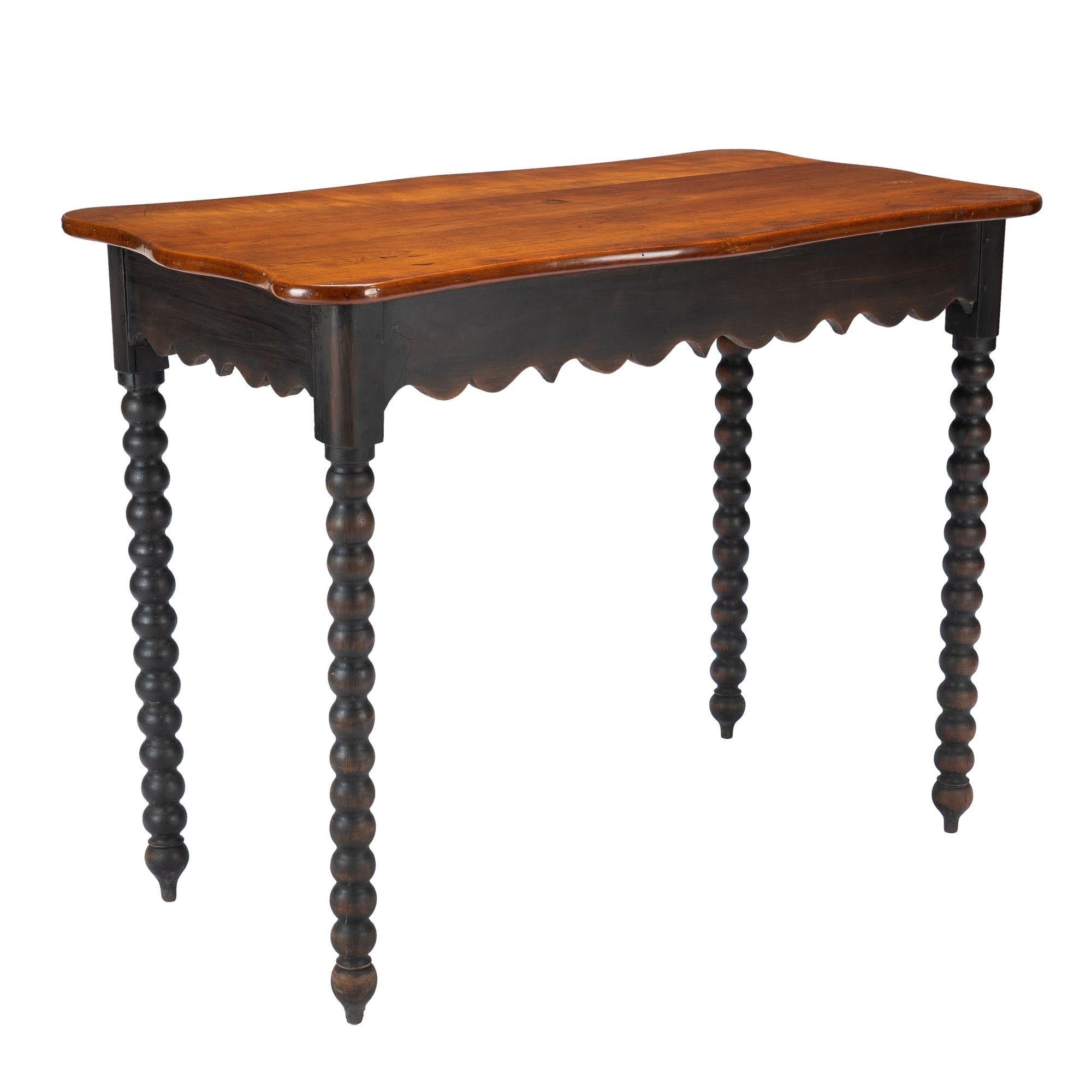 American cherry wood work table with scalloped apron and spool turned legs, 1835 2