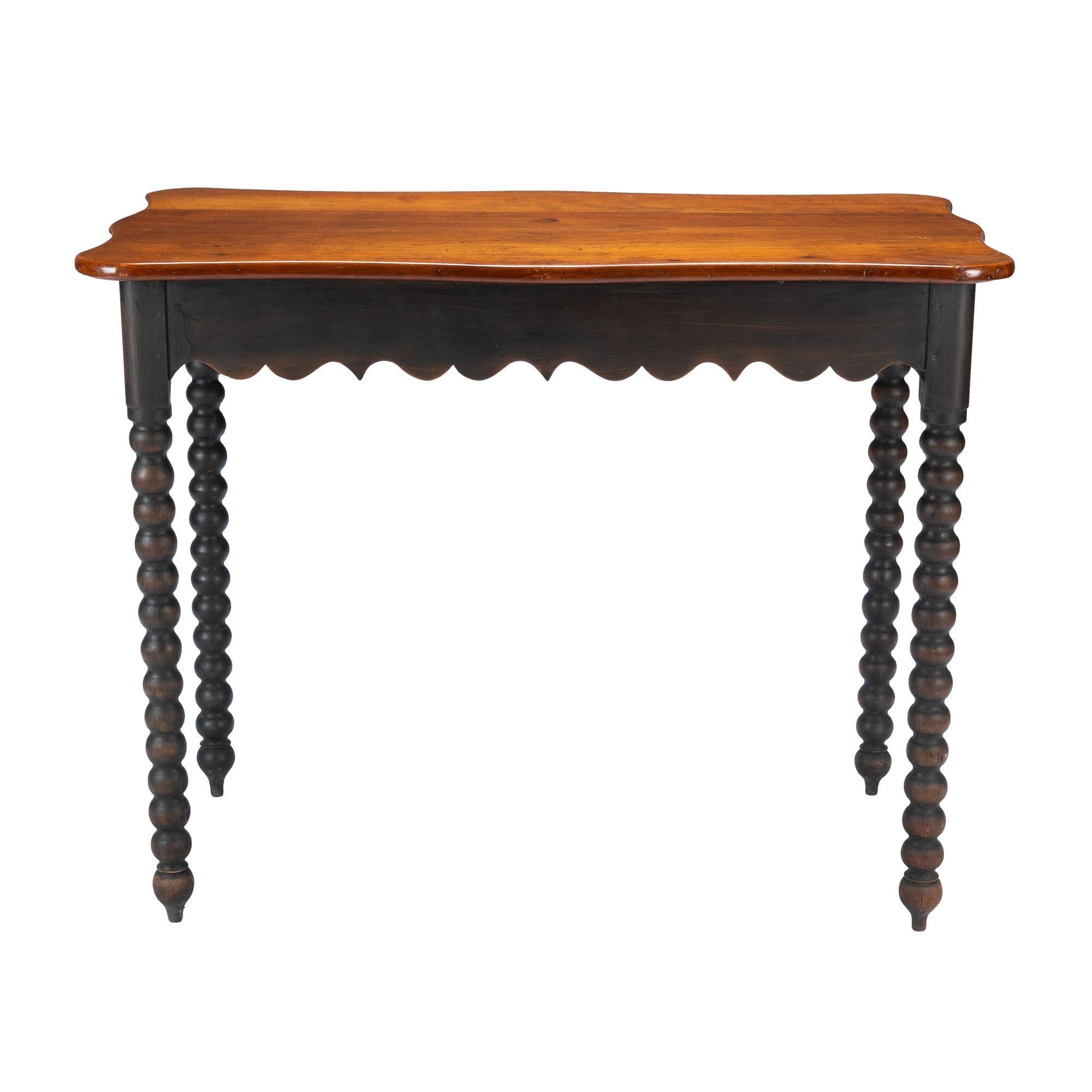 American cherry wood work table with scalloped apron and spool turned legs, 1835 3