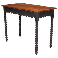 American cherry wood work table with scalloped apron and spool turned legs, 1835