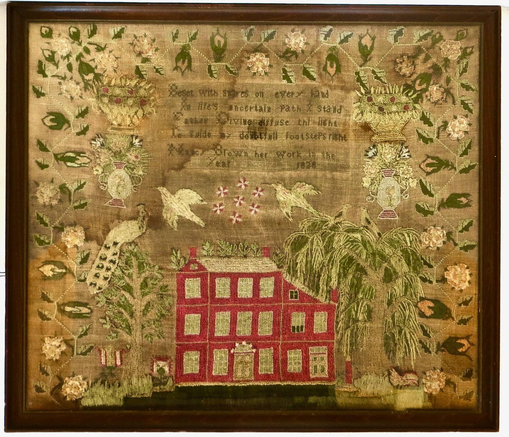 A very delightful and well done early American Children's Sampler, wrought by Nancy Brown in the year 1828. She has incorporated a proverb into her highly decorated sampler utilizing both needlepoint technique and embroidering skills, on a linen