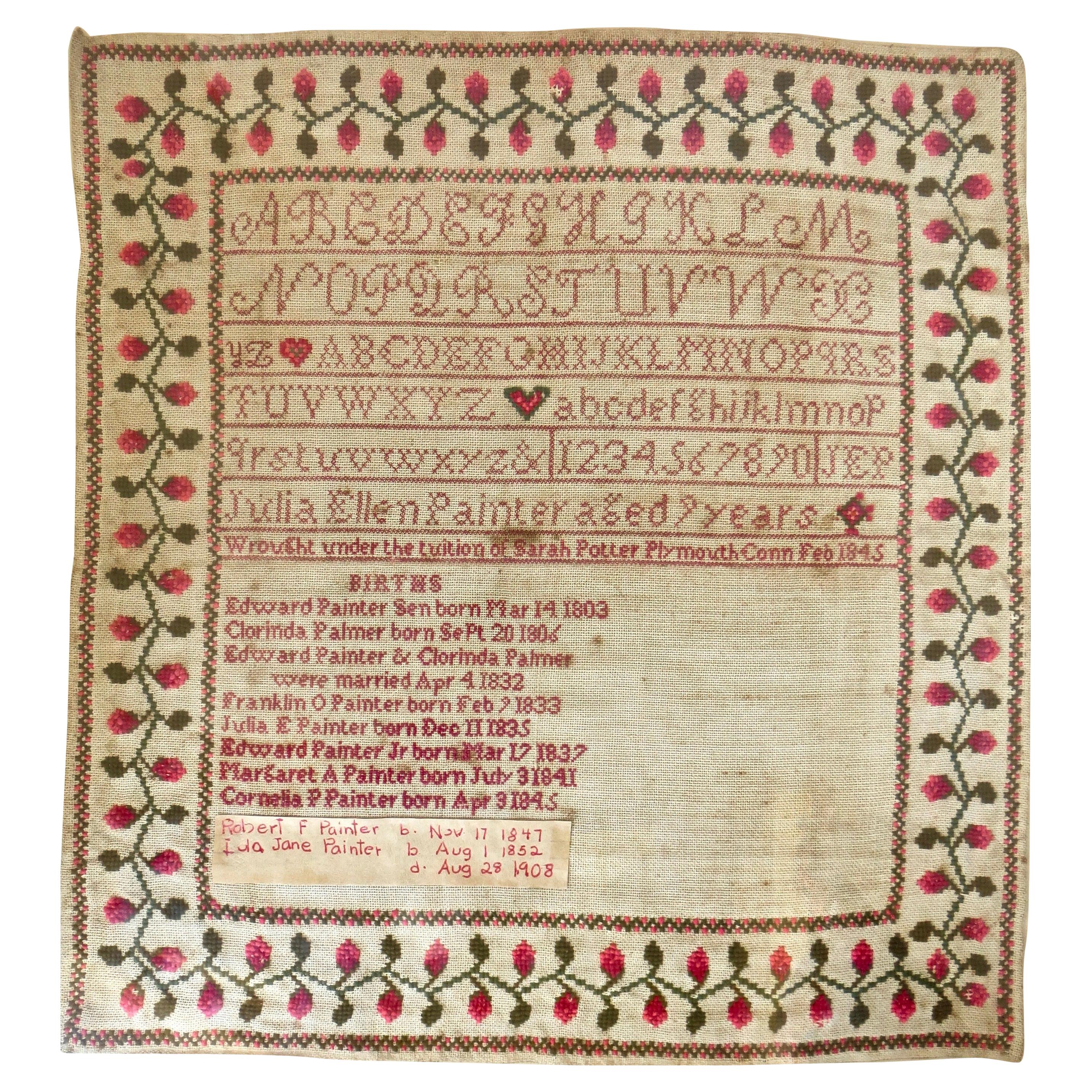 American Child's Sampler, Circa 1845 by "Julia Ellen Painter Aged 9 Years Old" For Sale