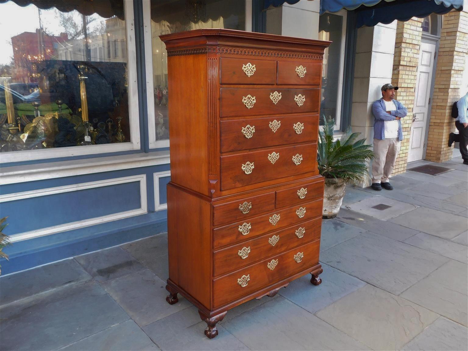 Hand-Carved American Chippendale Mahogany Chest on Chest with Orig. Claw & Ball Feet NY 1770 For Sale