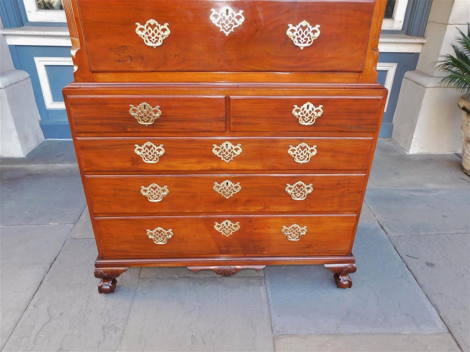 Brass American Chippendale Mahogany Chest on Chest with Orig. Claw & Ball Feet NY 1770 For Sale
