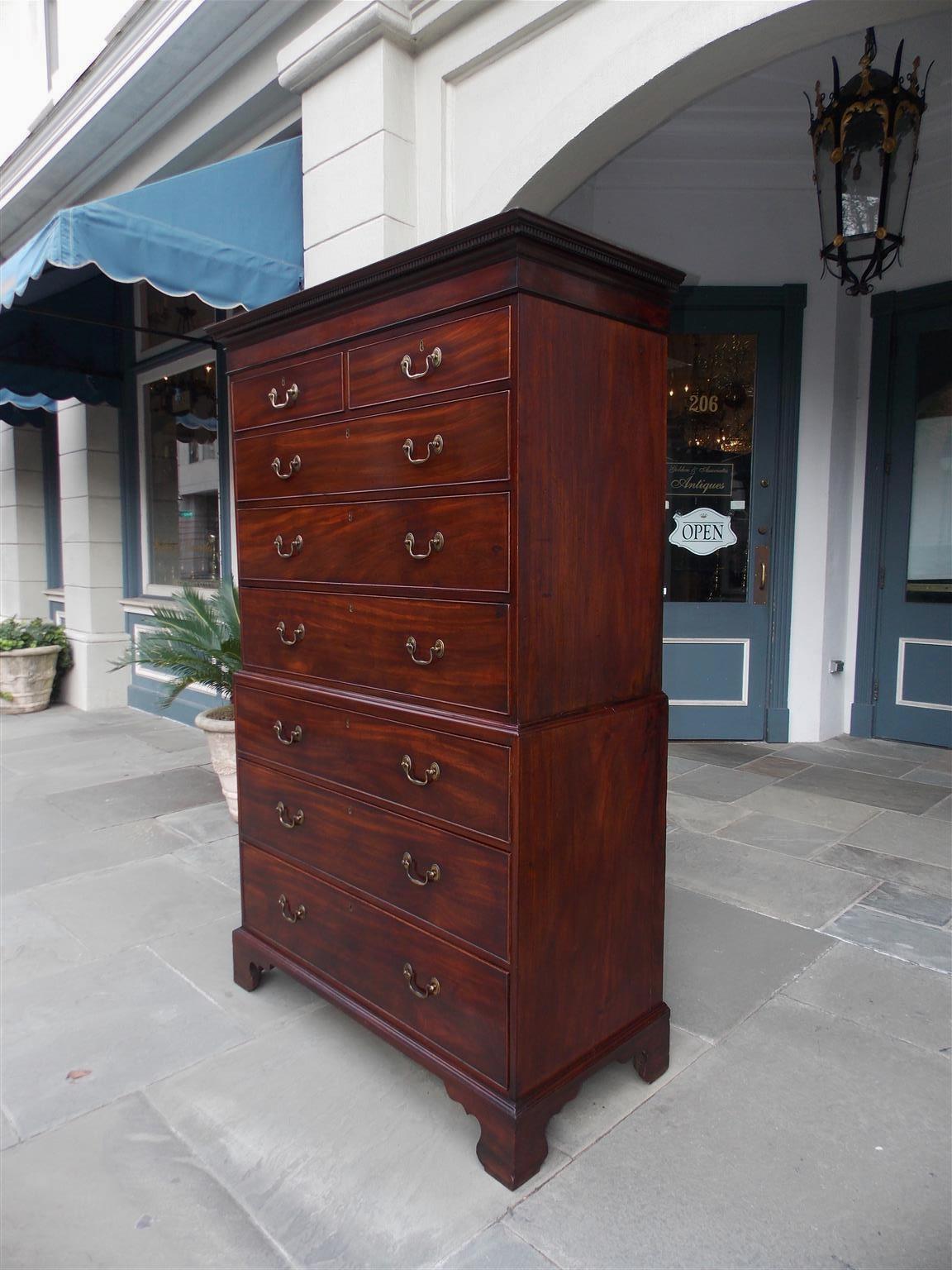 Hand-Carved American Chippendale Mahogany Graduated Chest on Chest with Bracket Feet. C 1780