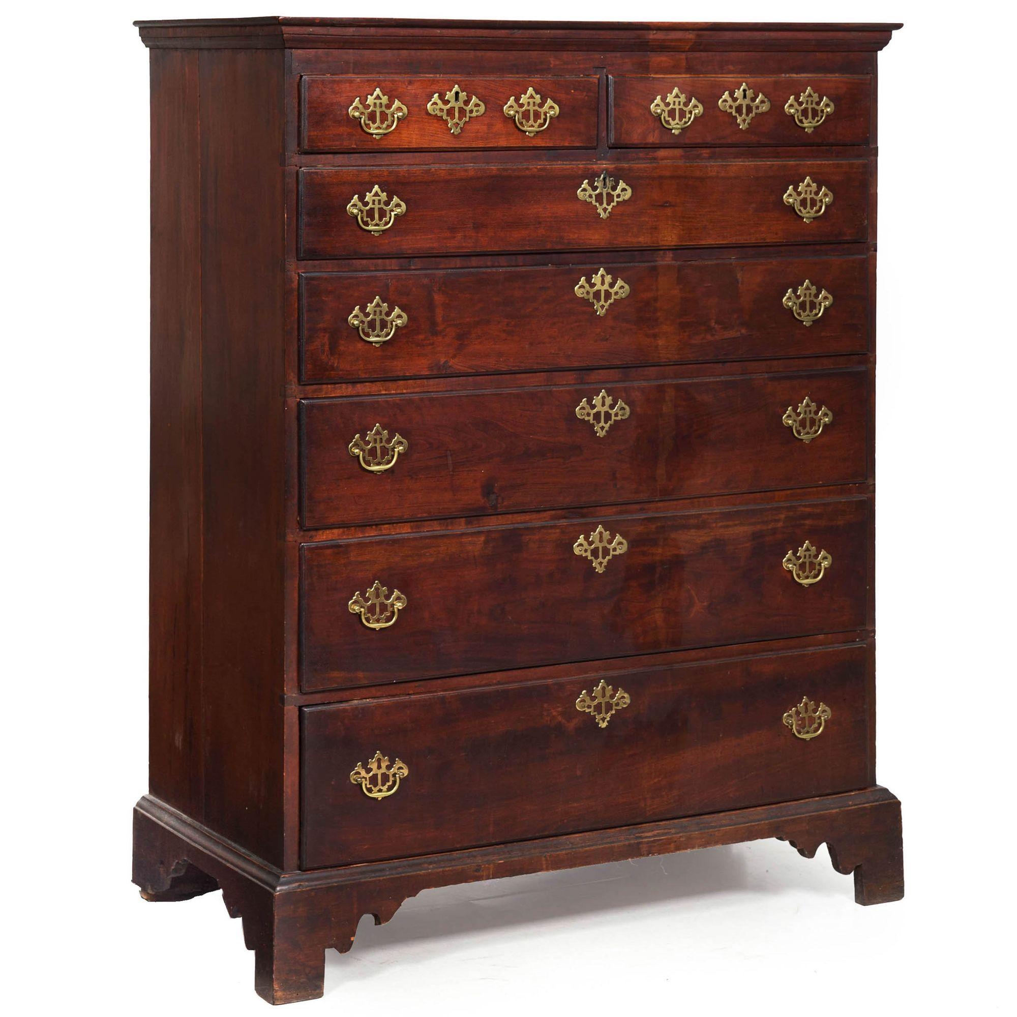 CHIPPENDALE CHERRYWOOD TALL CHEST OF DRAWERS
Mid-Atlantic States, circa 1800
Item # 209CBC16W 

A powerful form from the Mid-Atlantic States, probably Pennsylvania circa 1800, this tall chest of drawers exhibits a early and likely original heavily