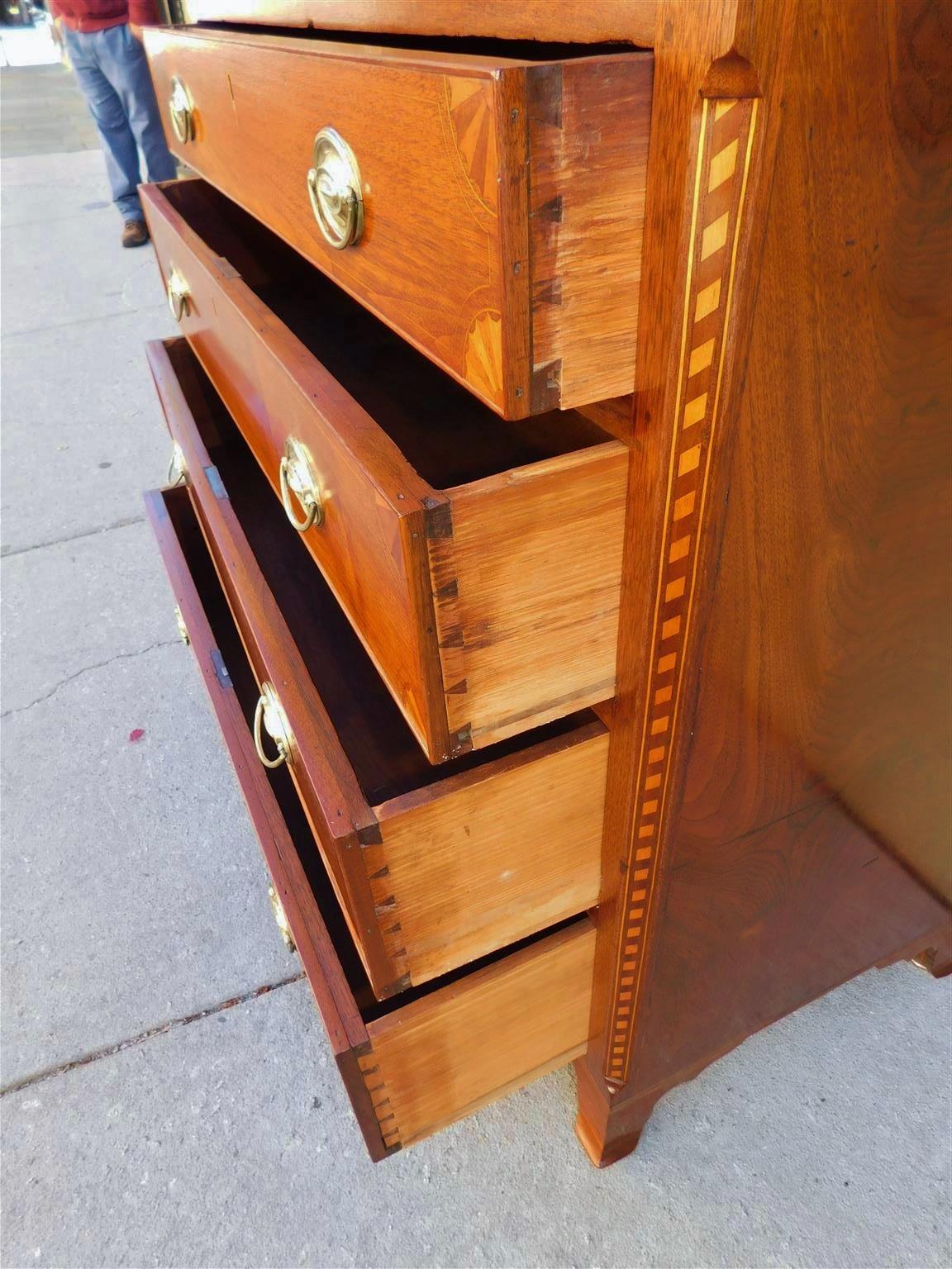 American Chippendale Walnut Inlaid Chest of Drawers with Orig. Bracket Feet 1790 For Sale 8