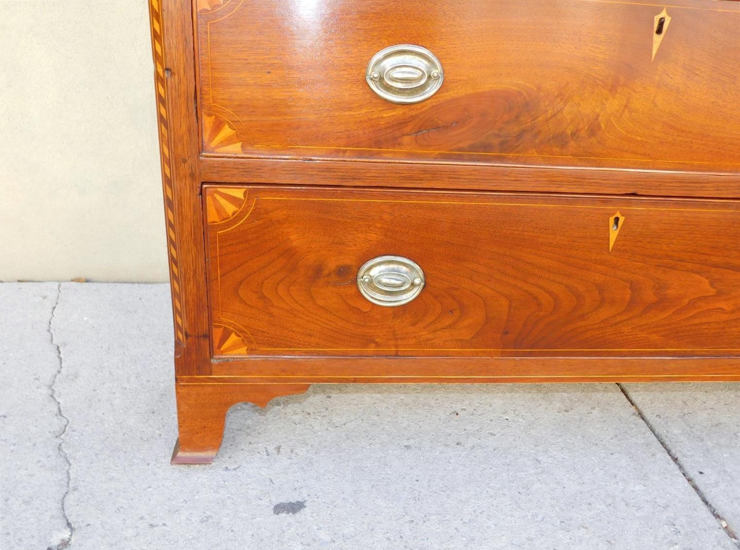American Chippendale Walnut Inlaid Chest of Drawers with Orig. Bracket Feet 1790 For Sale 9