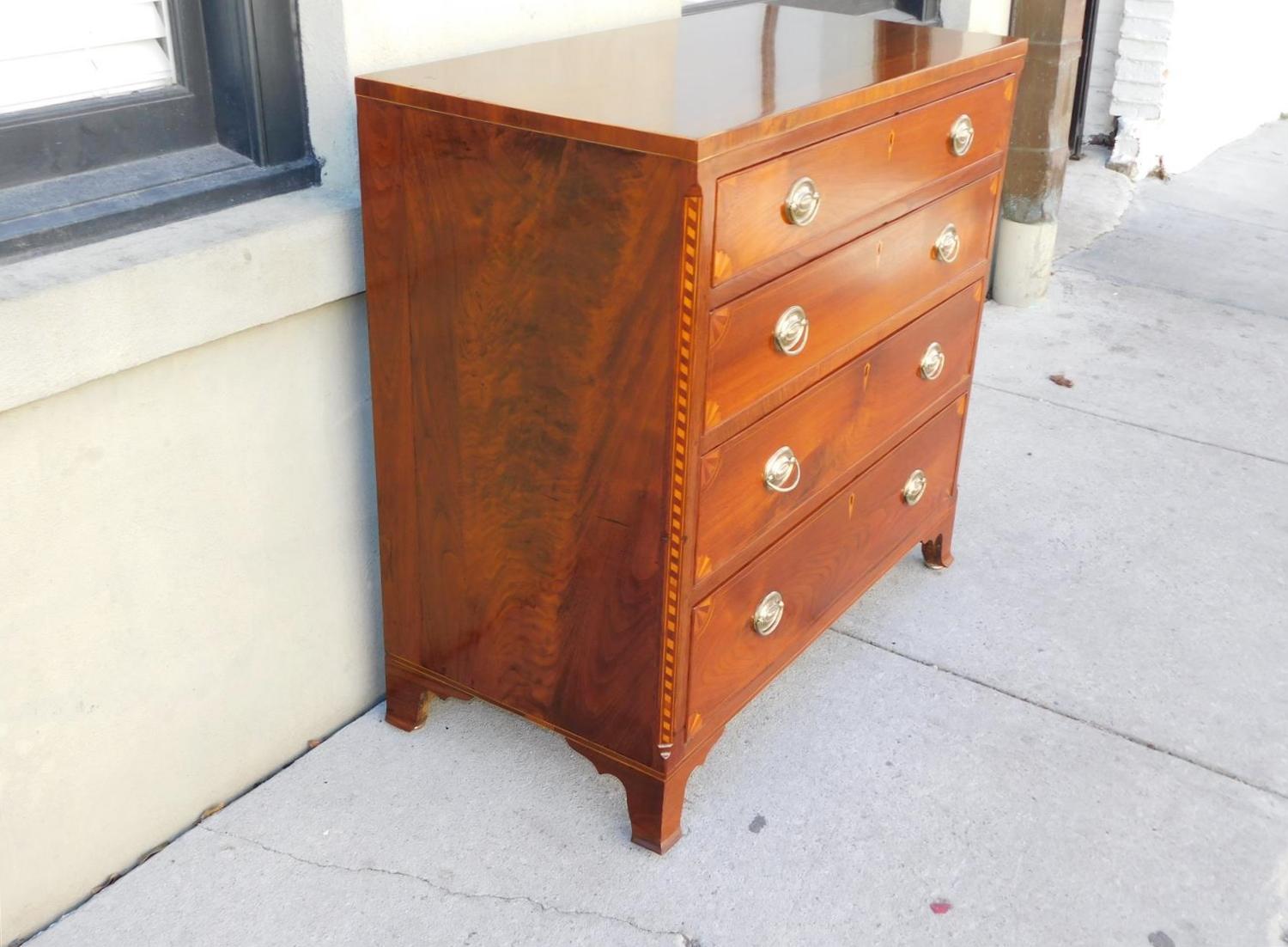 Hand-Carved American Chippendale Walnut Inlaid Chest of Drawers with Orig. Bracket Feet 1790 For Sale