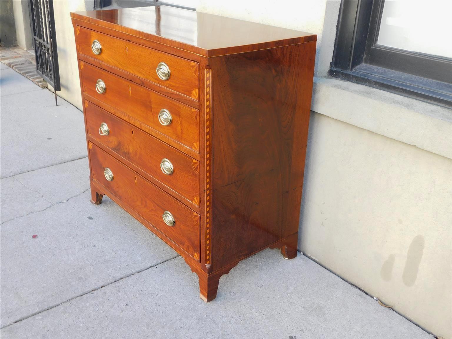 American Chippendale Walnut Inlaid Chest of Drawers with Orig. Bracket Feet 1790 In Excellent Condition For Sale In Charleston, SC