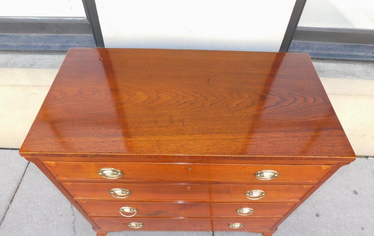 Late 18th Century American Chippendale Walnut Inlaid Chest of Drawers with Orig. Bracket Feet 1790 For Sale